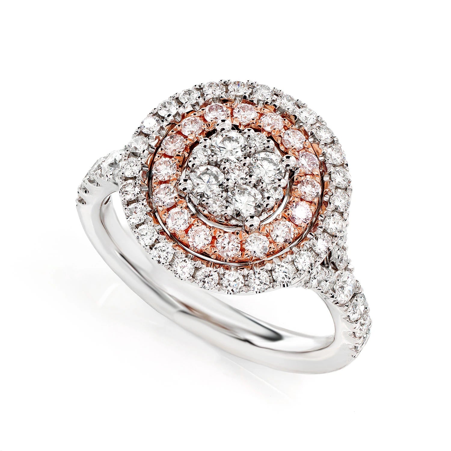 Double Halo Round Cluster Diamond Ring in two tone rose 14k gold, detail view