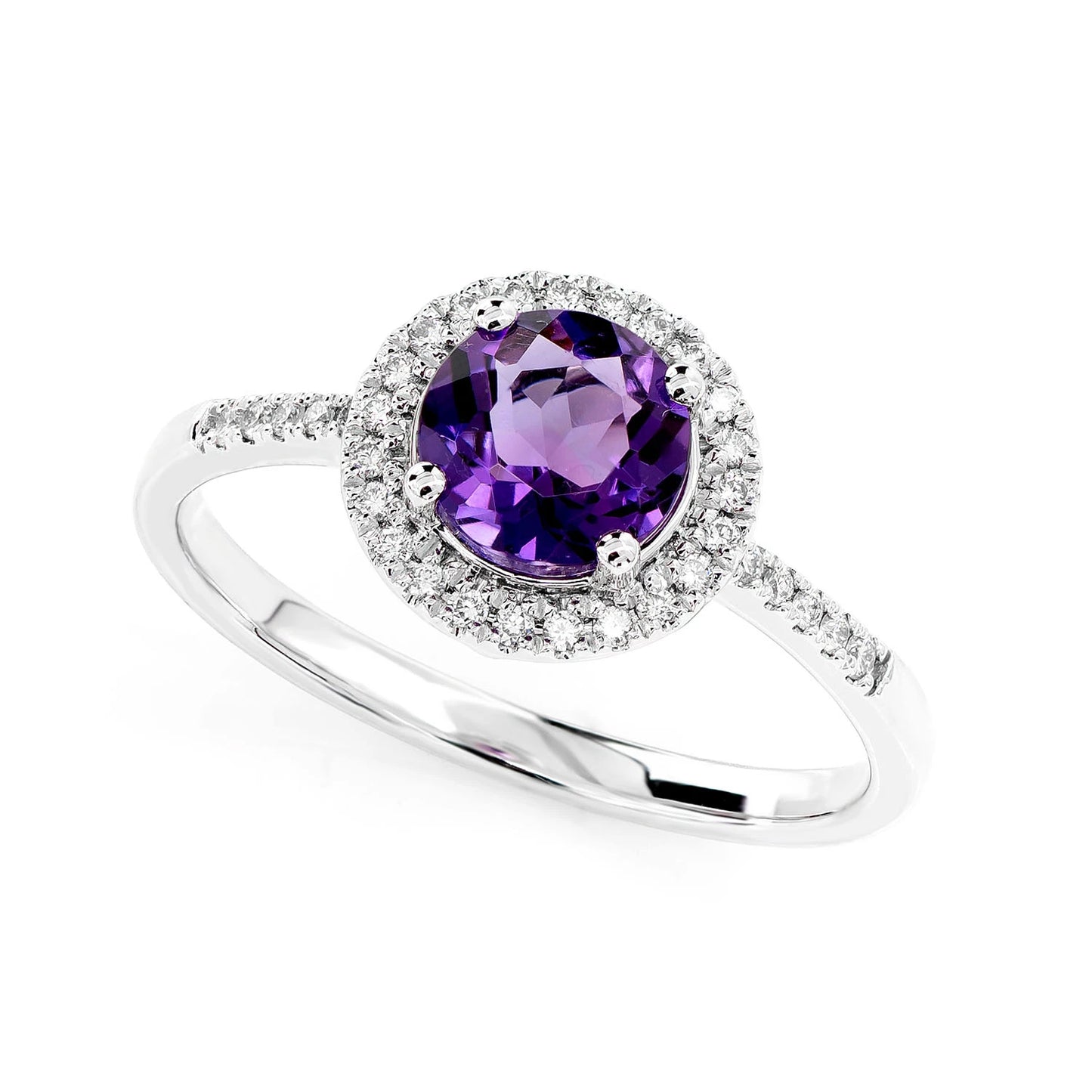 Purple Amethyst and Diamond Halo Ring