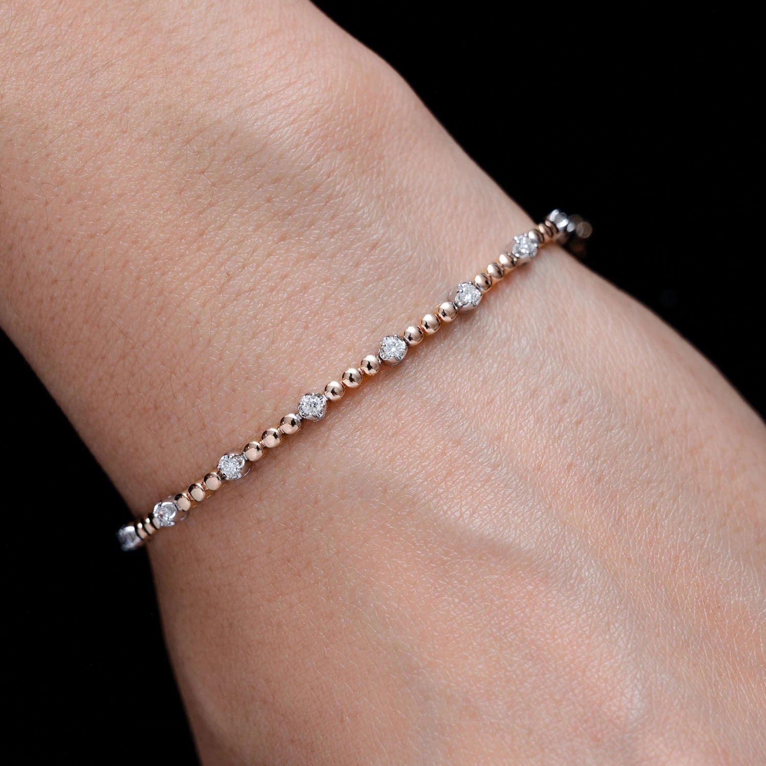 Crown Set Beaded Diamond Link Bracelet in two tone rose 14k gold, alternate view