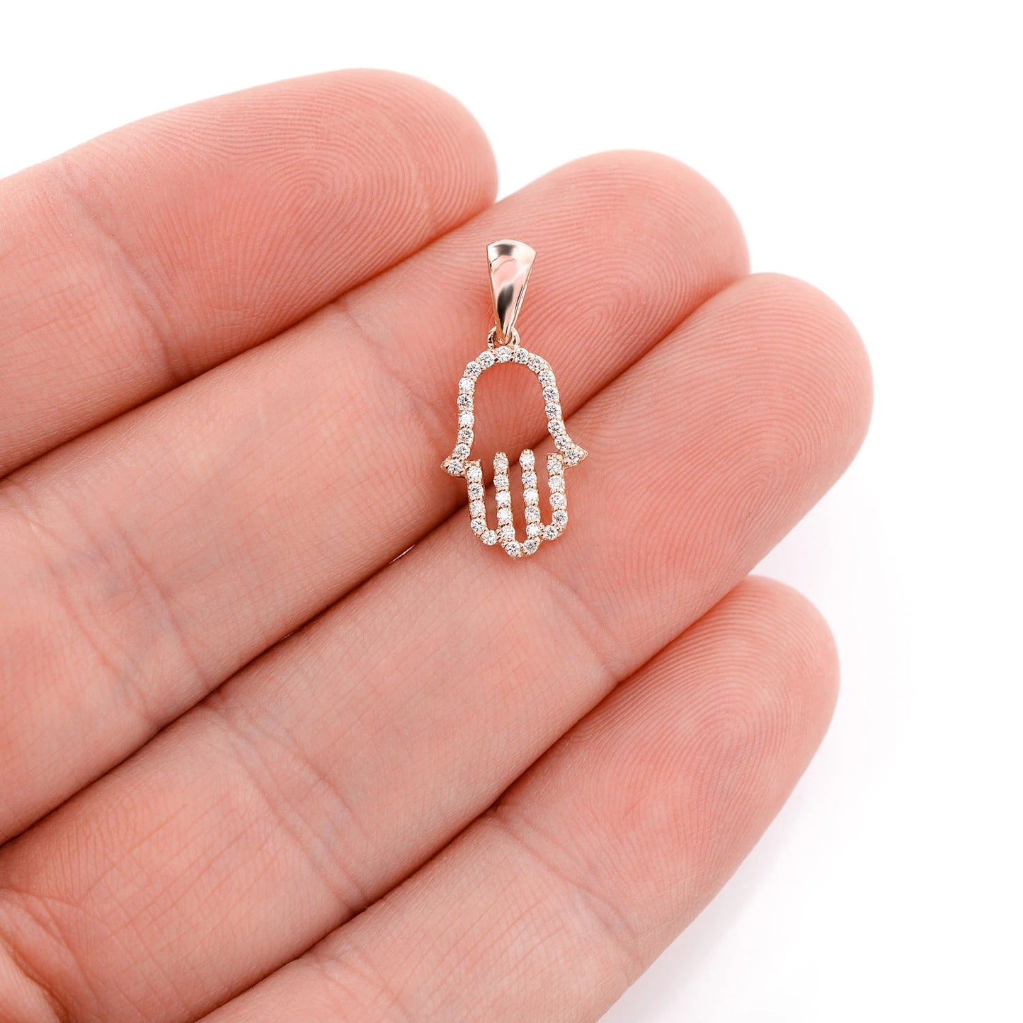 Open Hamsa Diamond Pendant in 14K rose gold, angled view