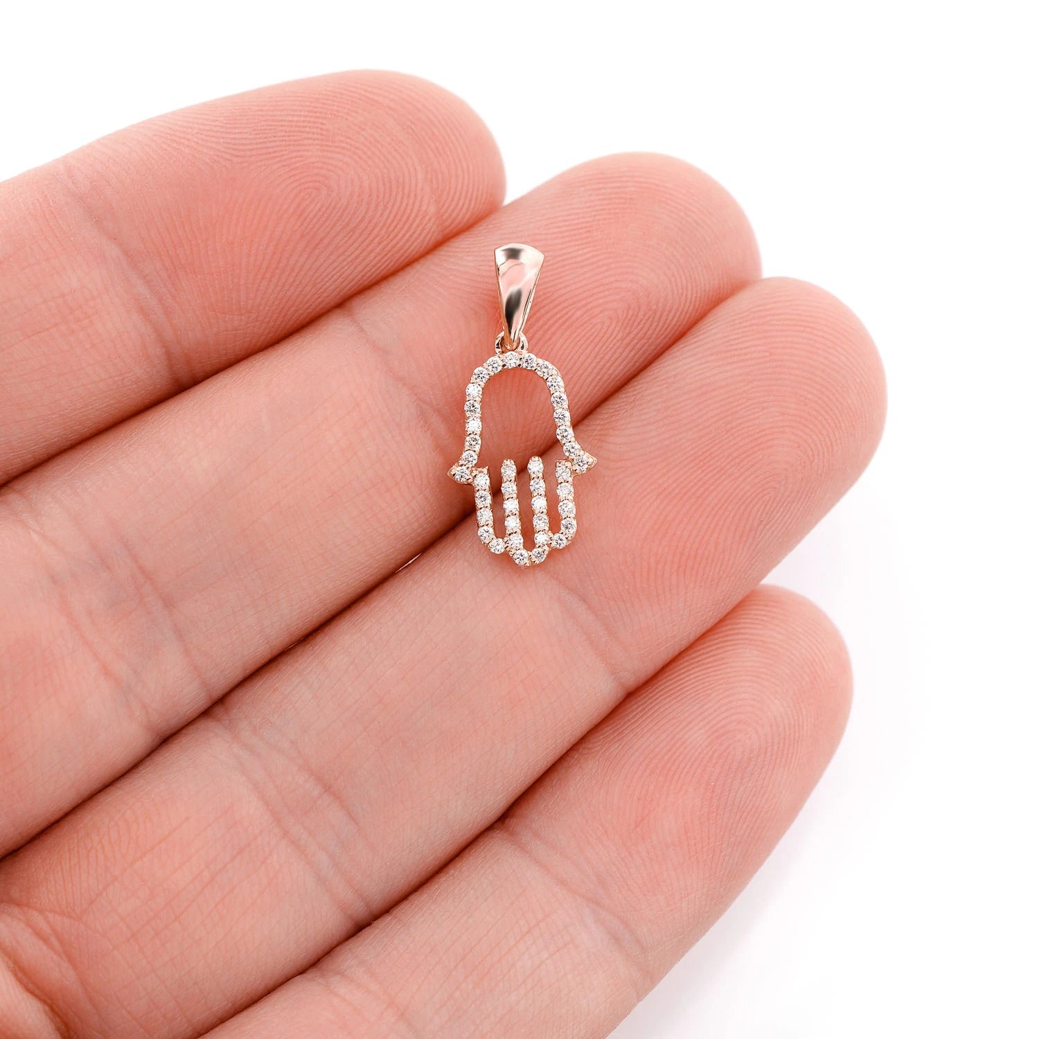 Open Hamsa Diamond Pendant in 14K rose gold, angled view