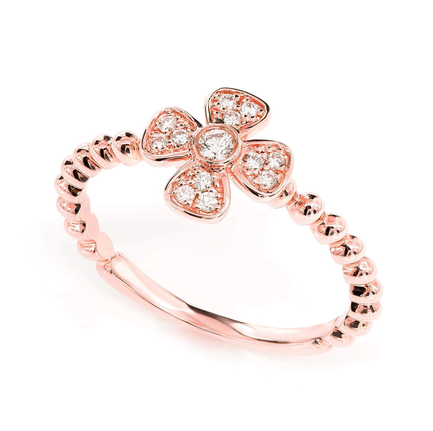 Beaded Bezel Flower Diamond Ring in 14K rose gold, detail view