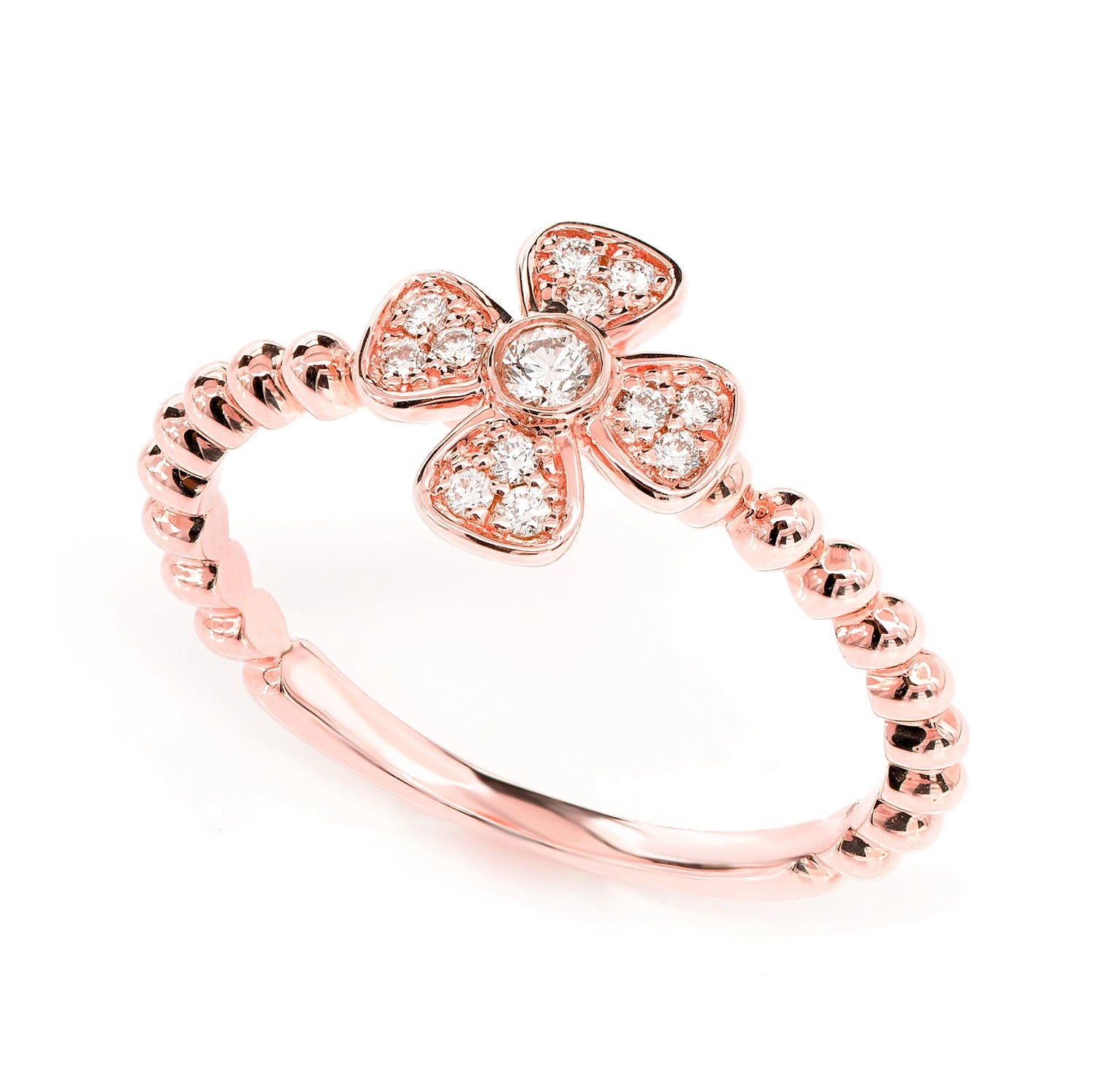 Beaded Bezel Flower Diamond Ring in 14K rose gold, detail view