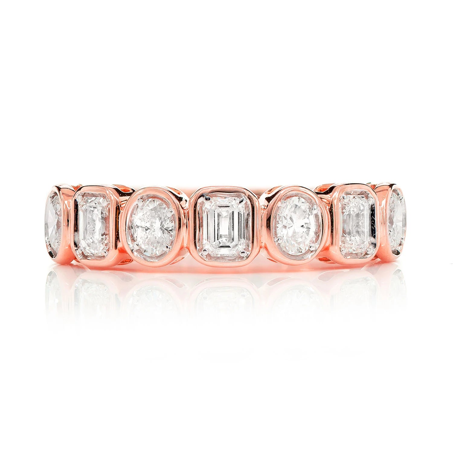 Oval & Baguette Bezel Diamond Band Ring in 14K rose gold, front view