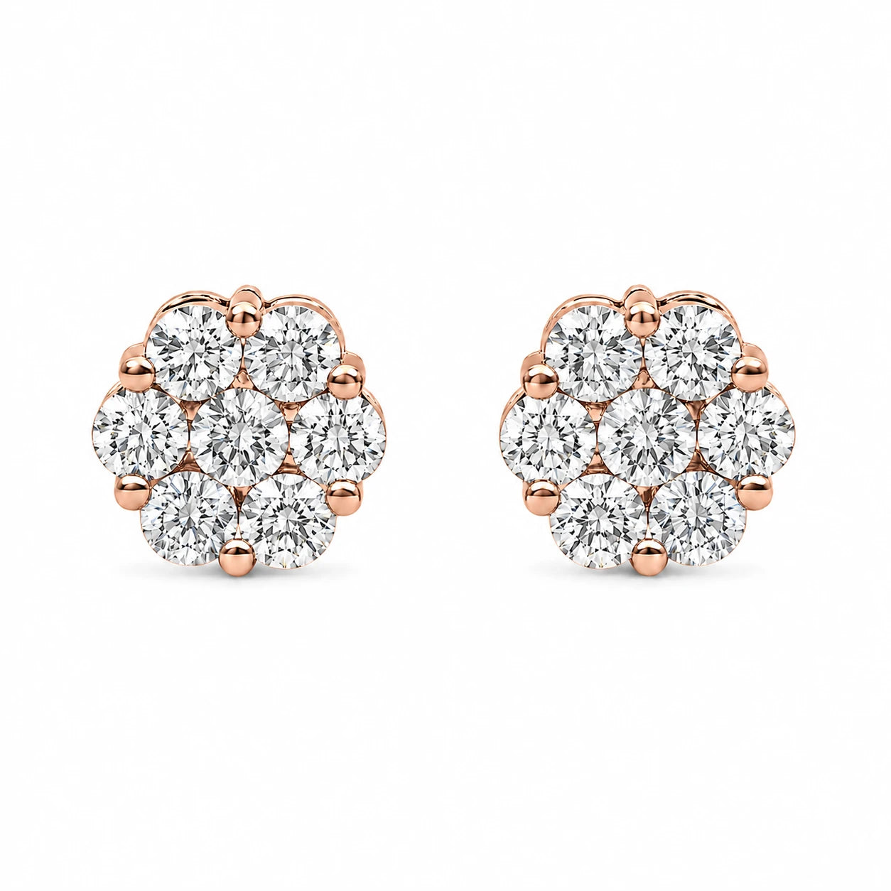 Flower Diamond Studs in 14K rose gold, 1.00ctw, front view