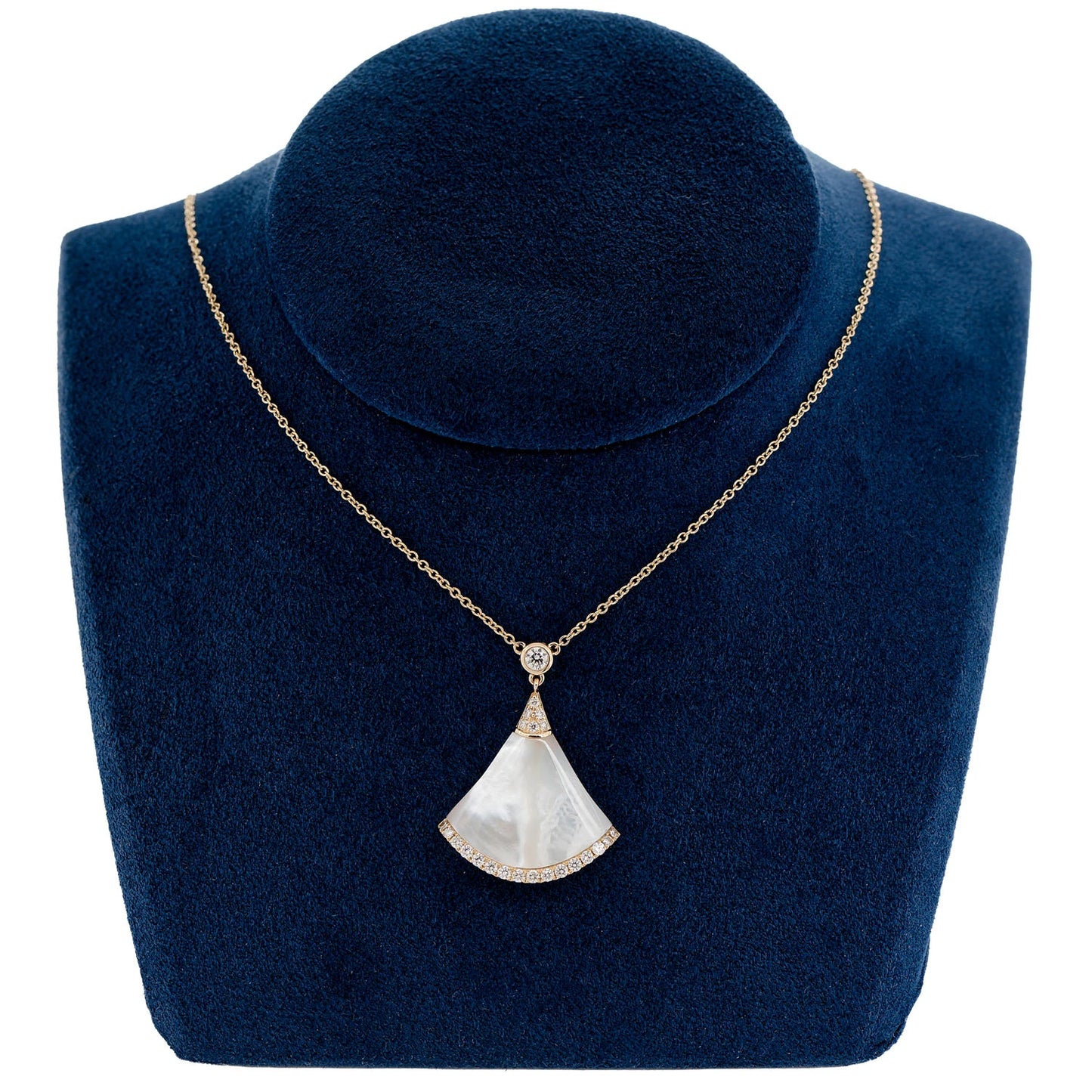 Mother of Pearl Fan Diamond Necklace in 14K rose gold, angled view