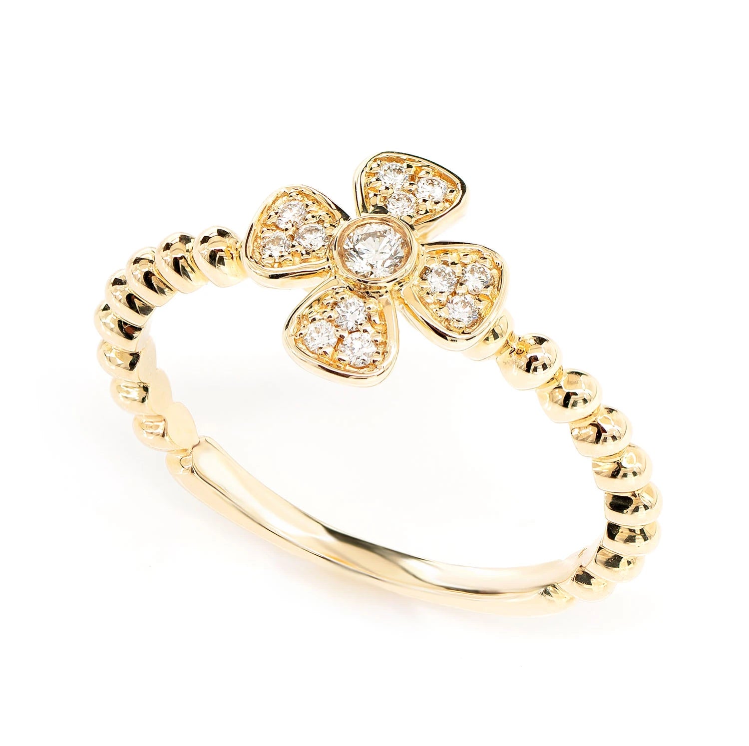Beaded Bezel Flower Diamond Ring in 14K yellow gold, detail view
