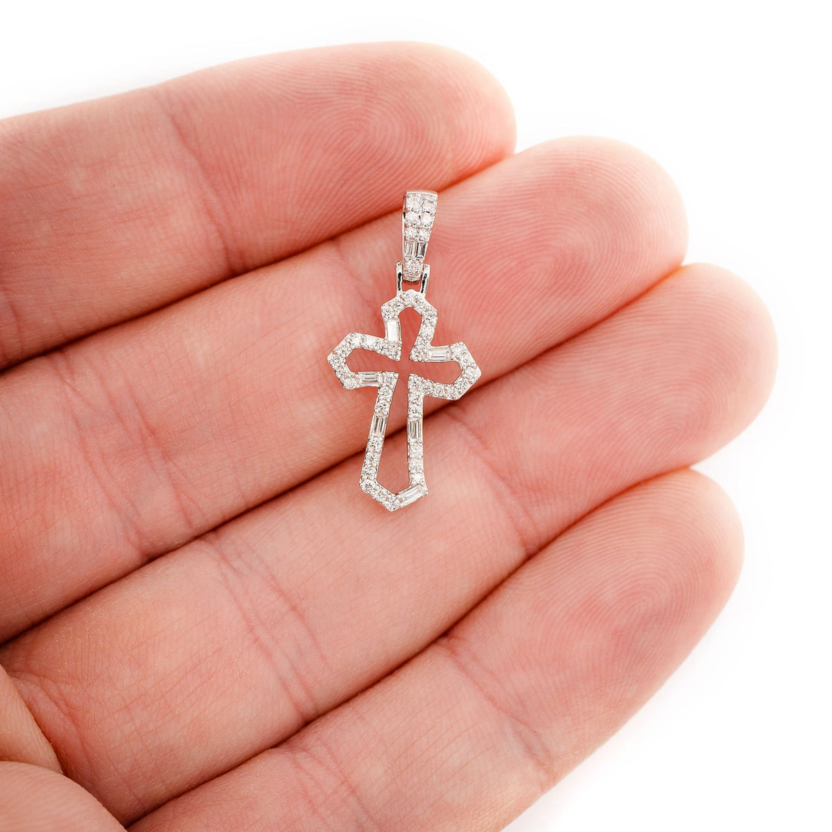 Tapered Open Round and Baguette Diamond Cross Pendant