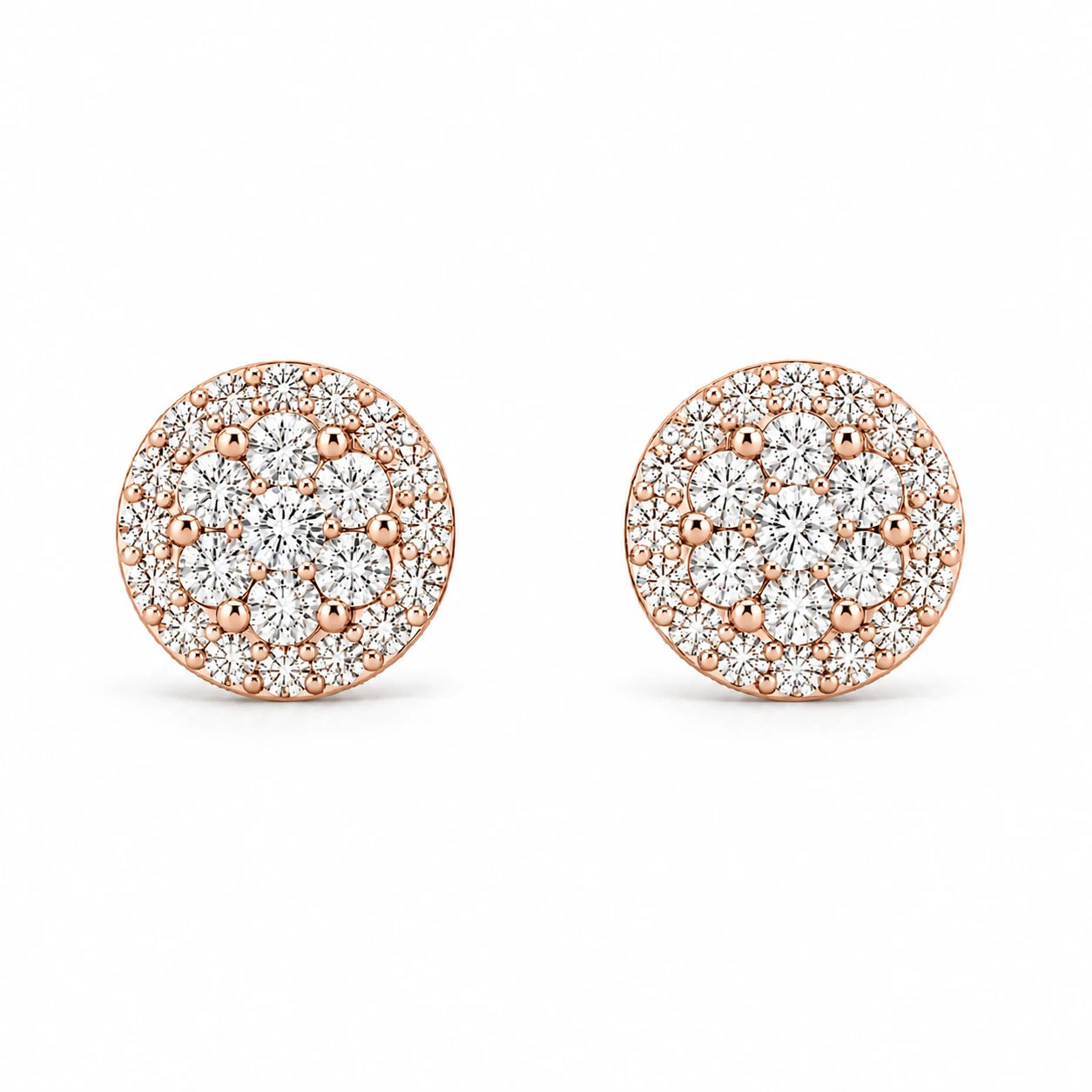 Halo Flower Diamond Studs in 14K rose gold, 1.00ctw, front view