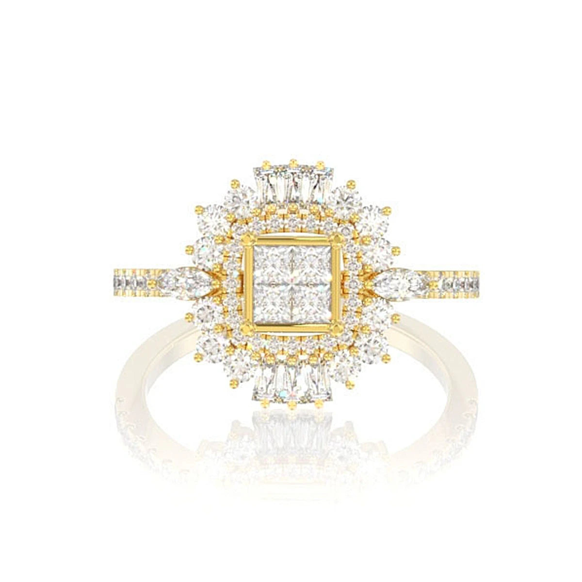 Art Deco Princess Quad Ring in 14K yellow gold, front view