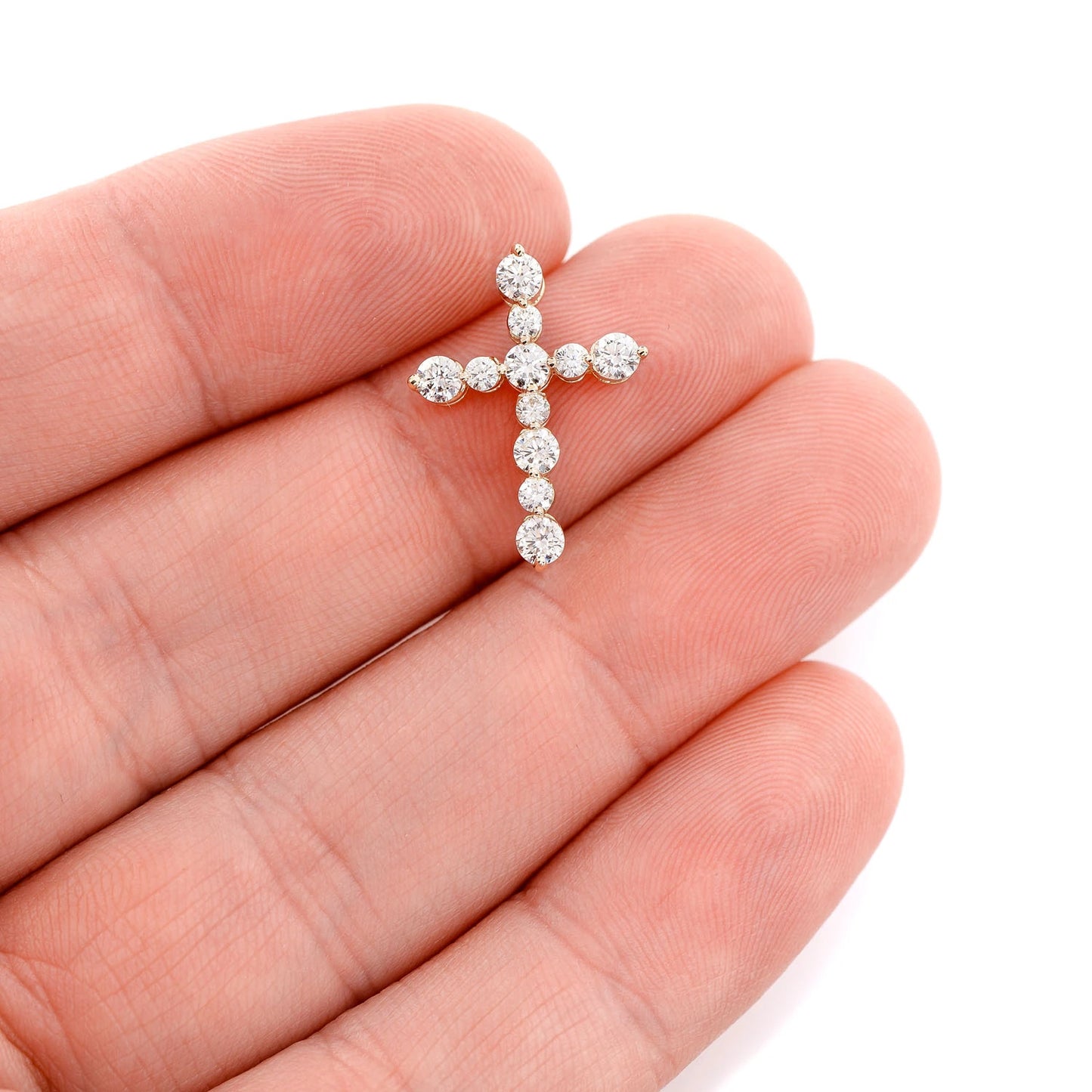11 Stone Hidden Bail Cross in 14K yellow gold, Signature | 0.88ctw, angled view