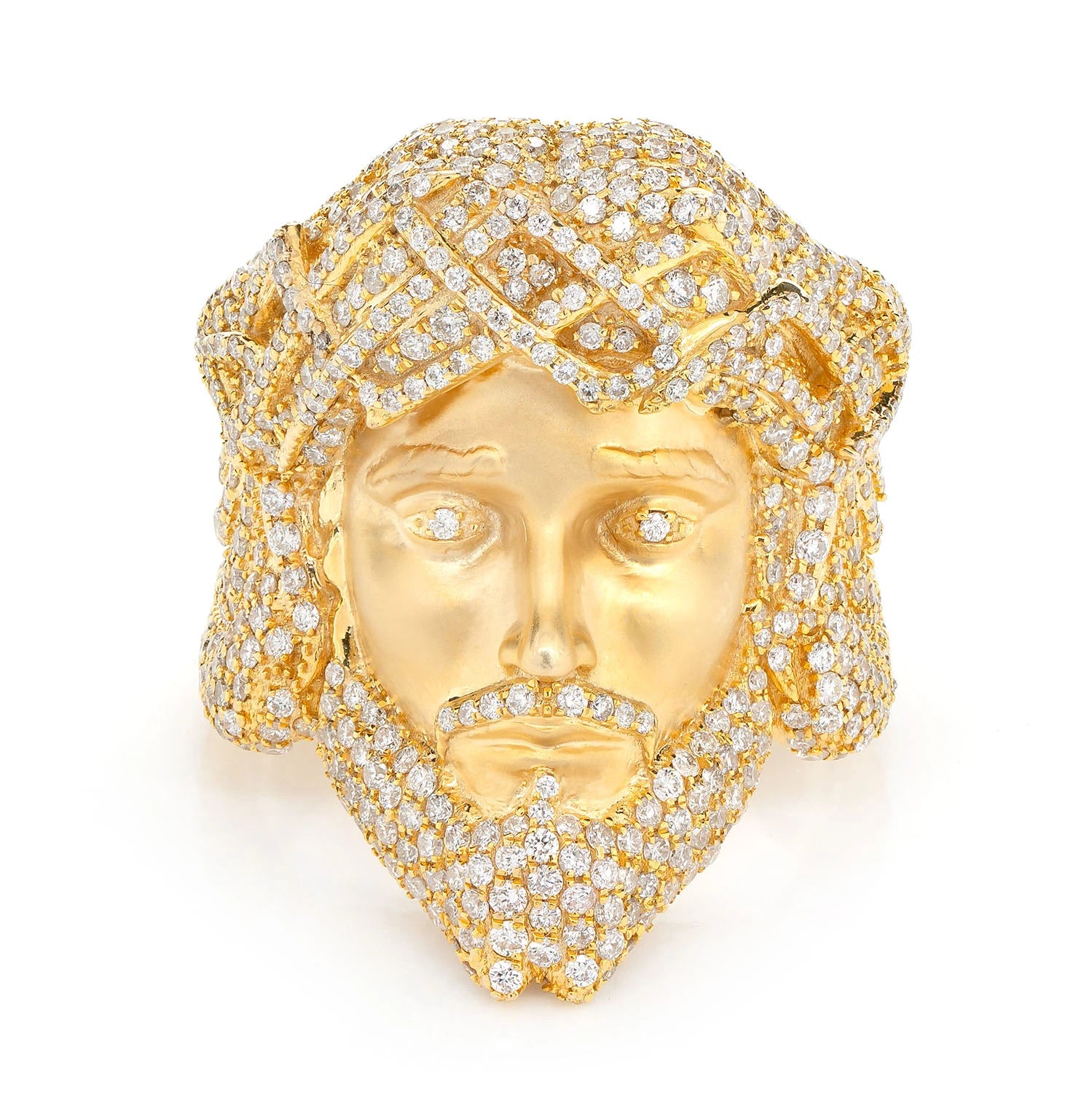 Jesus Face Diamond Signet Ring in 14K yellow gold, front view