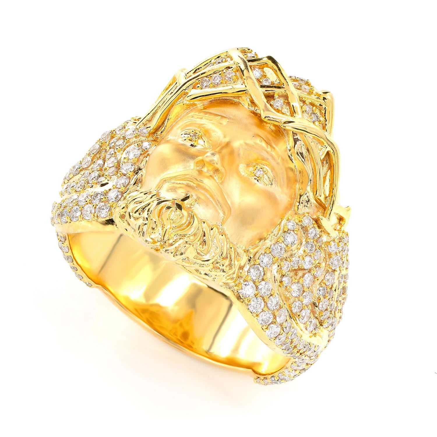 Jesus Portrait Diamond Signet Ring in 10K yellow gold, detail view
