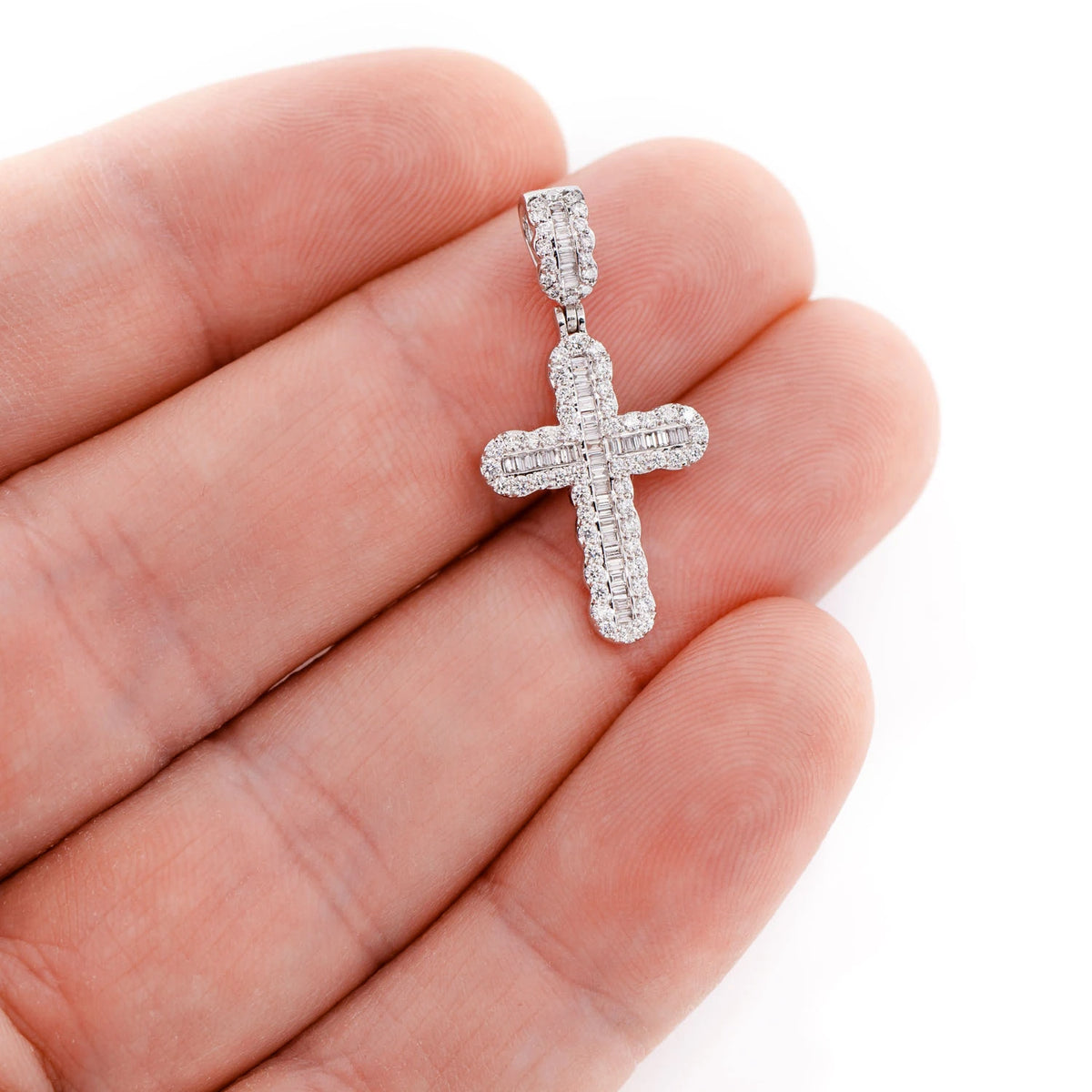 Round and Baguette Diamond Cross Pendant