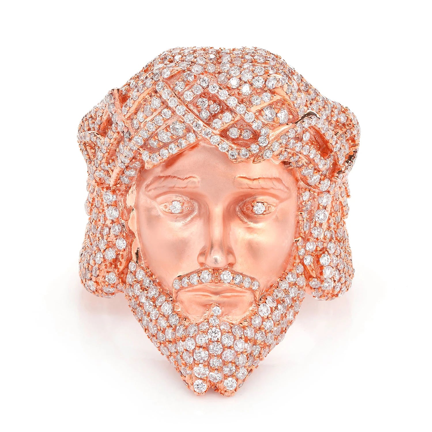 Jesus Face Diamond Signet Ring in 14K rose gold, front view