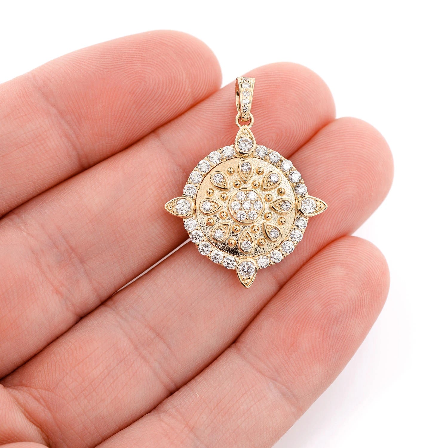 Ornate Cluster Medallion Pendant in 14K yellow gold, angled view
