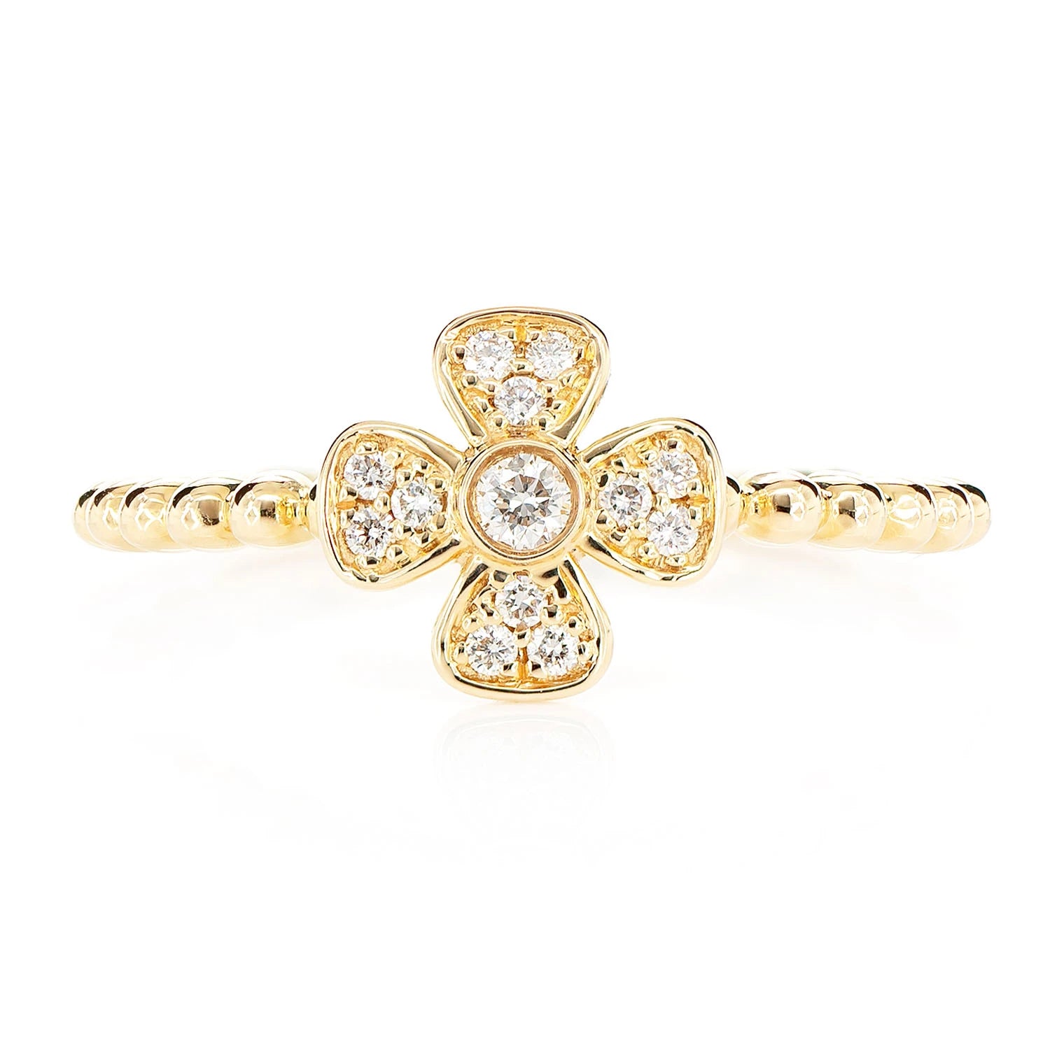 Beaded Bezel Flower Diamond Ring in 14K yellow gold, front view