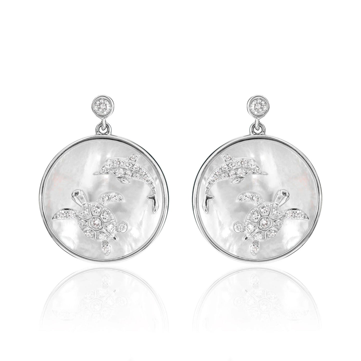 Mother of Pearl and Diamond Sea Turtle Dolphin Earrings