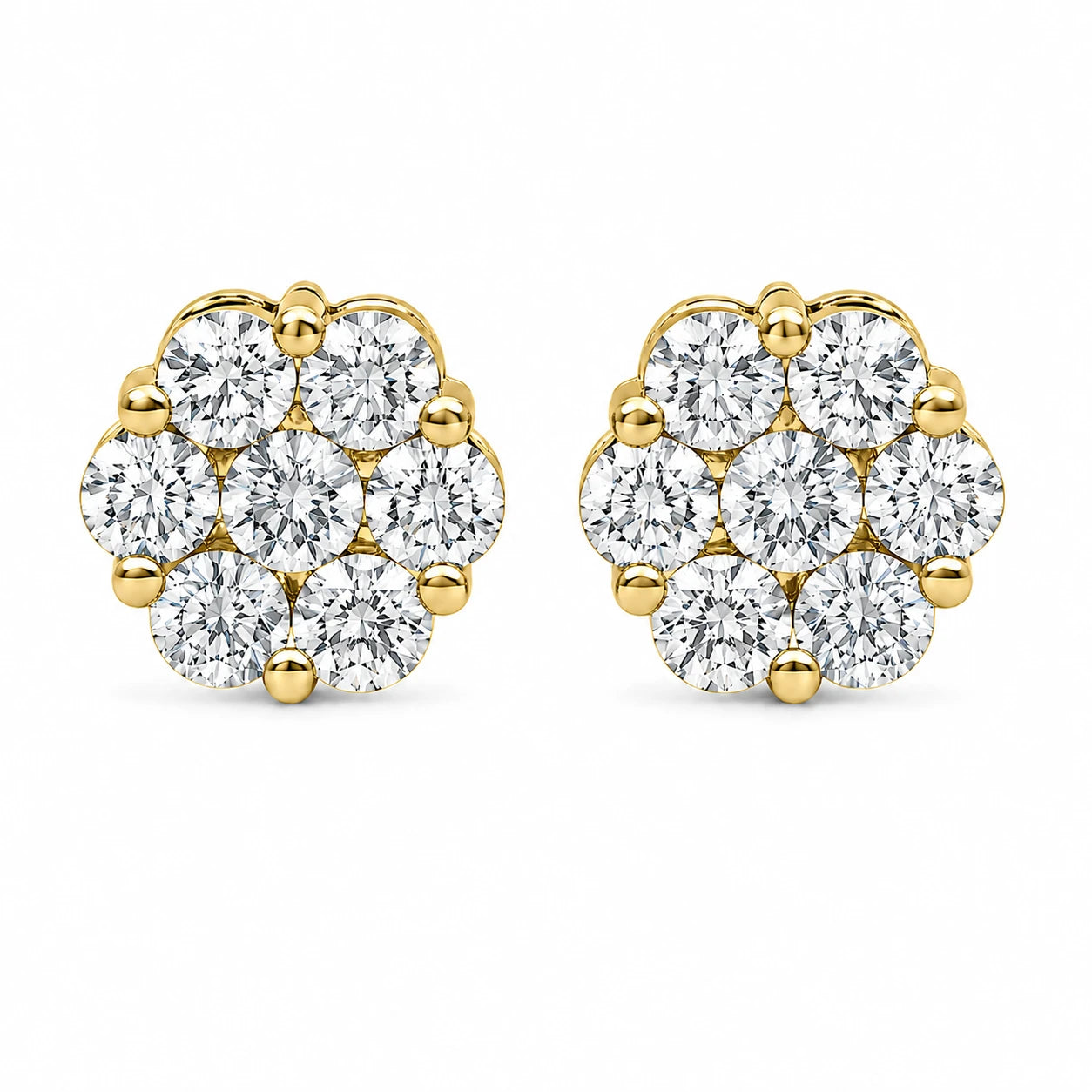 Flower Diamond Studs in 14K yellow gold, 4.00ctw, front view