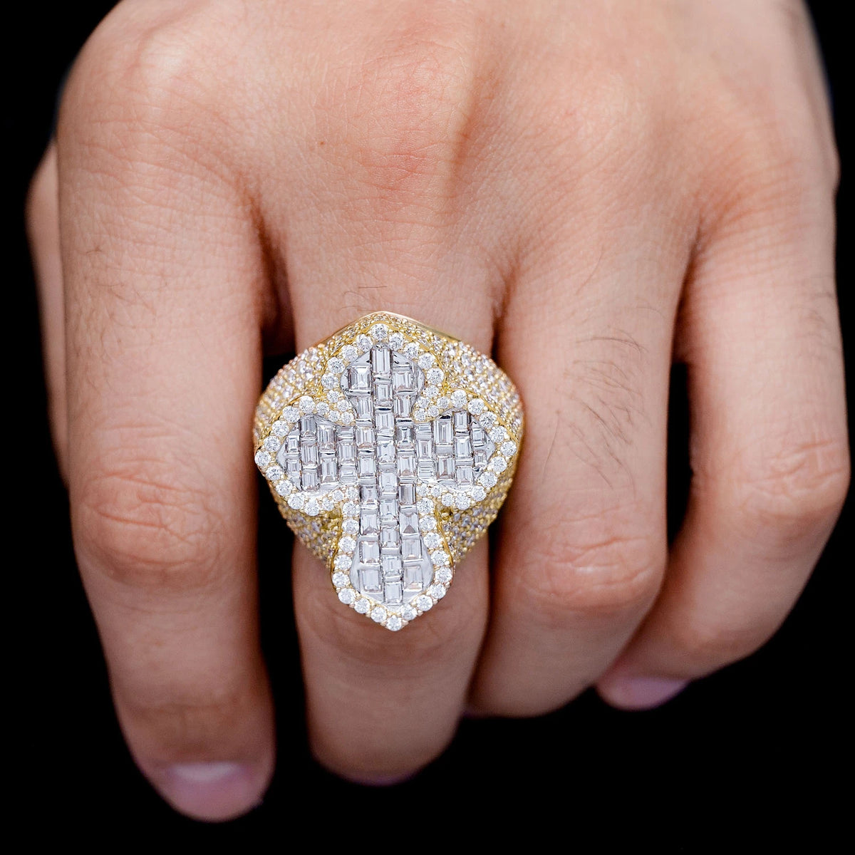 Deluxe Baguette Border Diamond Cross Signet Ring