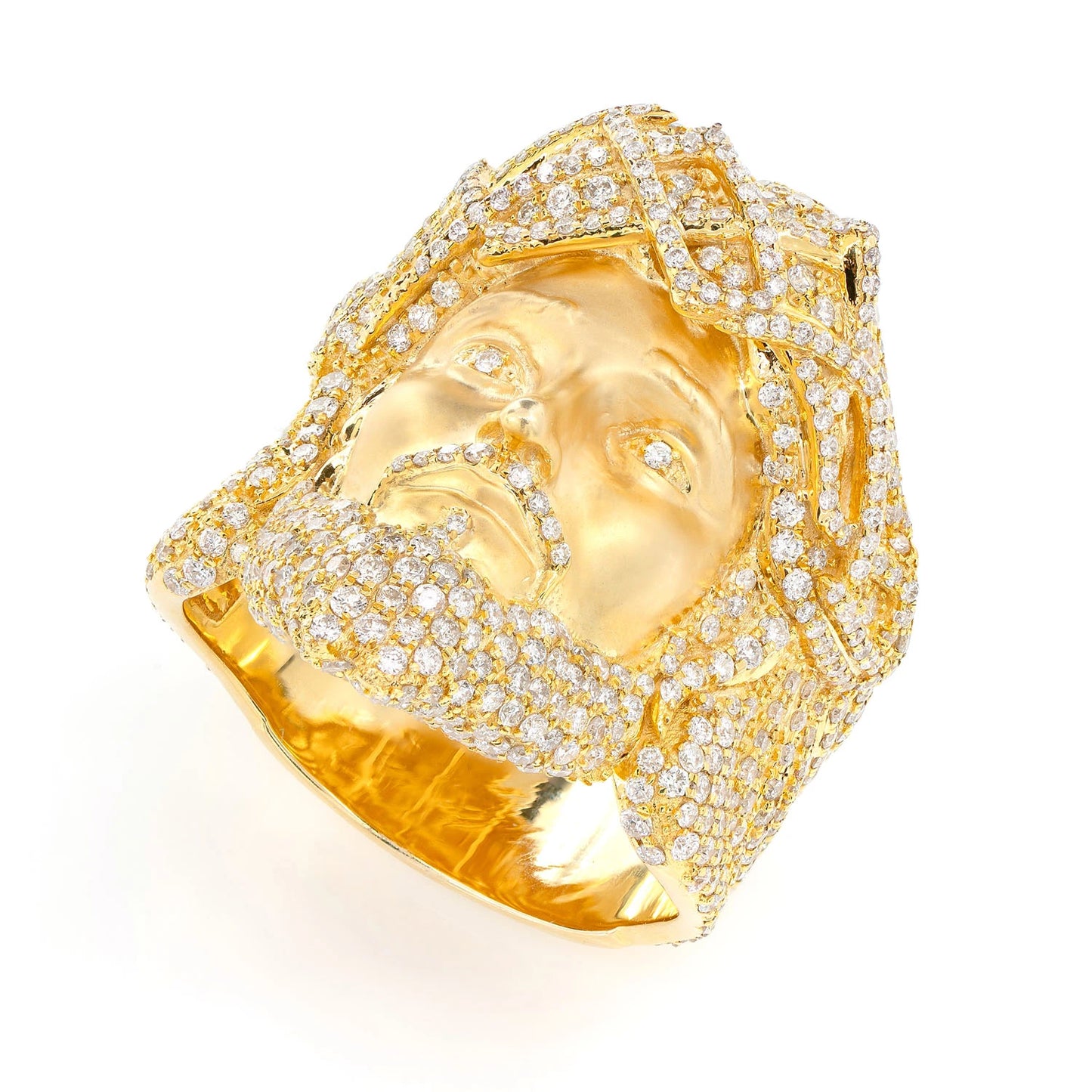 Jesus Face Diamond Signet Ring in 14K yellow gold, detail view
