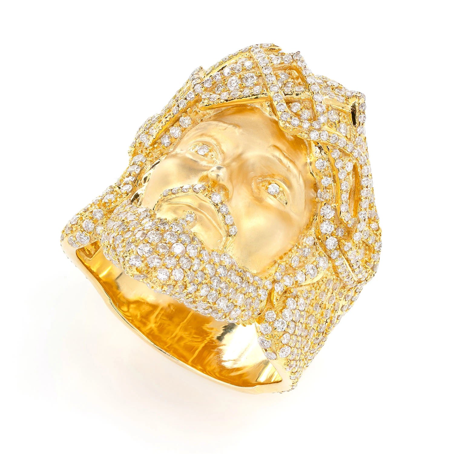 Jesus Face Diamond Signet Ring in 14K yellow gold, detail view