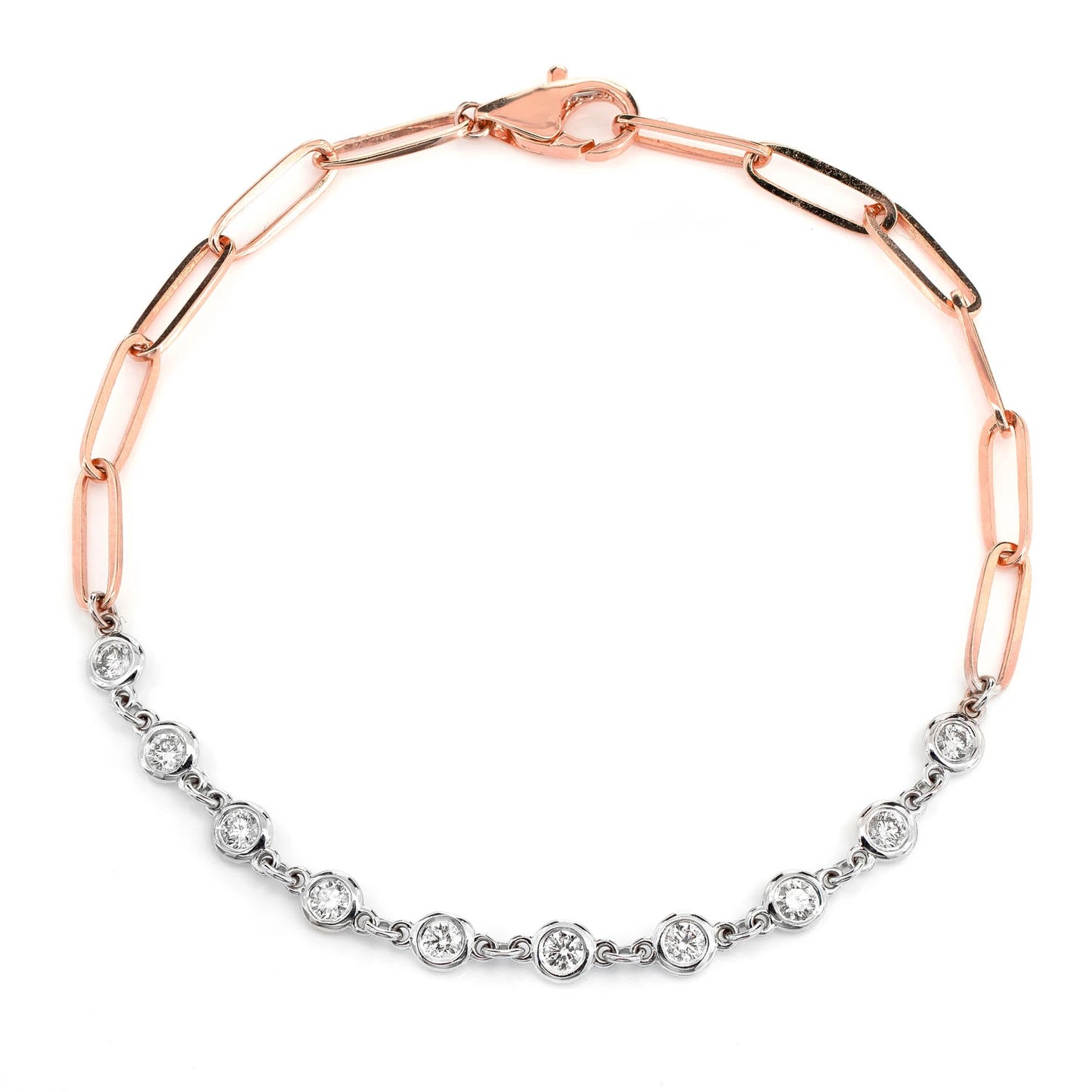 Elongated Bezel Rolo Diamond Bracelet in two tone rose 14k gold, 0.50ctw, front view
