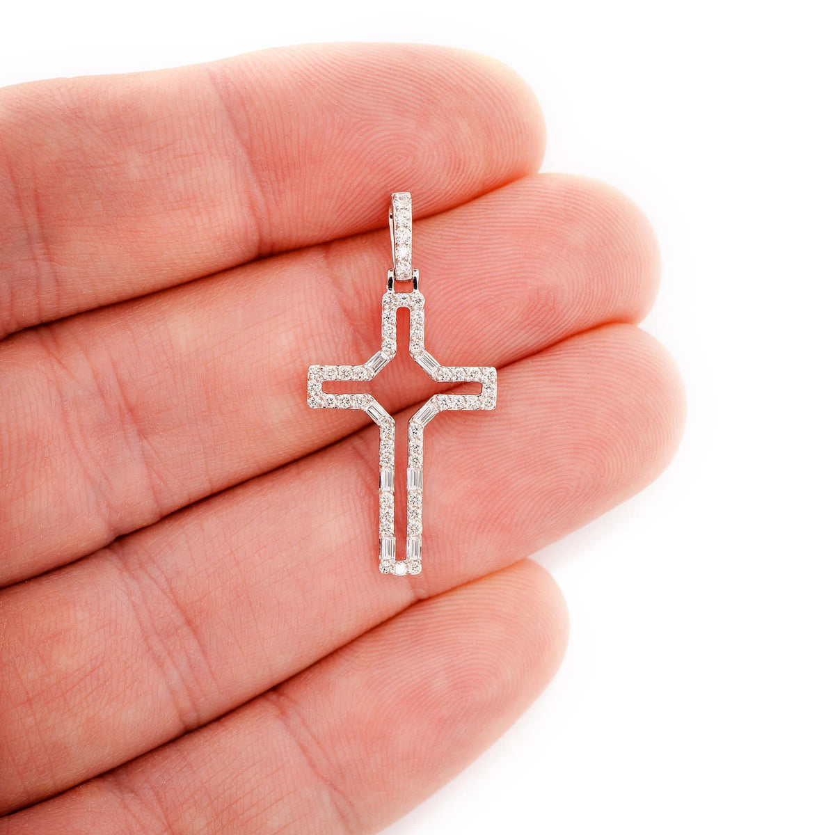 Open Round and Baguette Diamond Cross Pendant