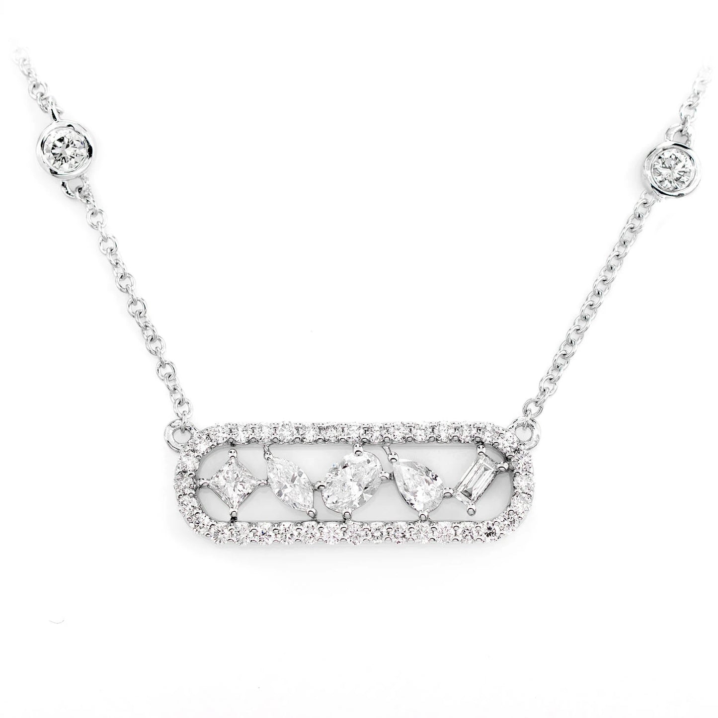 Multi-Cut Diamond Station Necklace in 14K white gold, front view