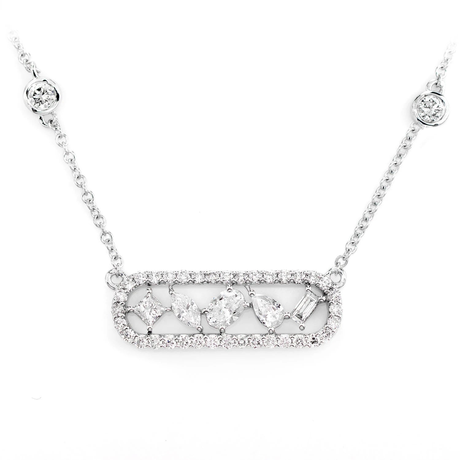 Multi-Cut Diamond Station Necklace in 14K white gold, front view