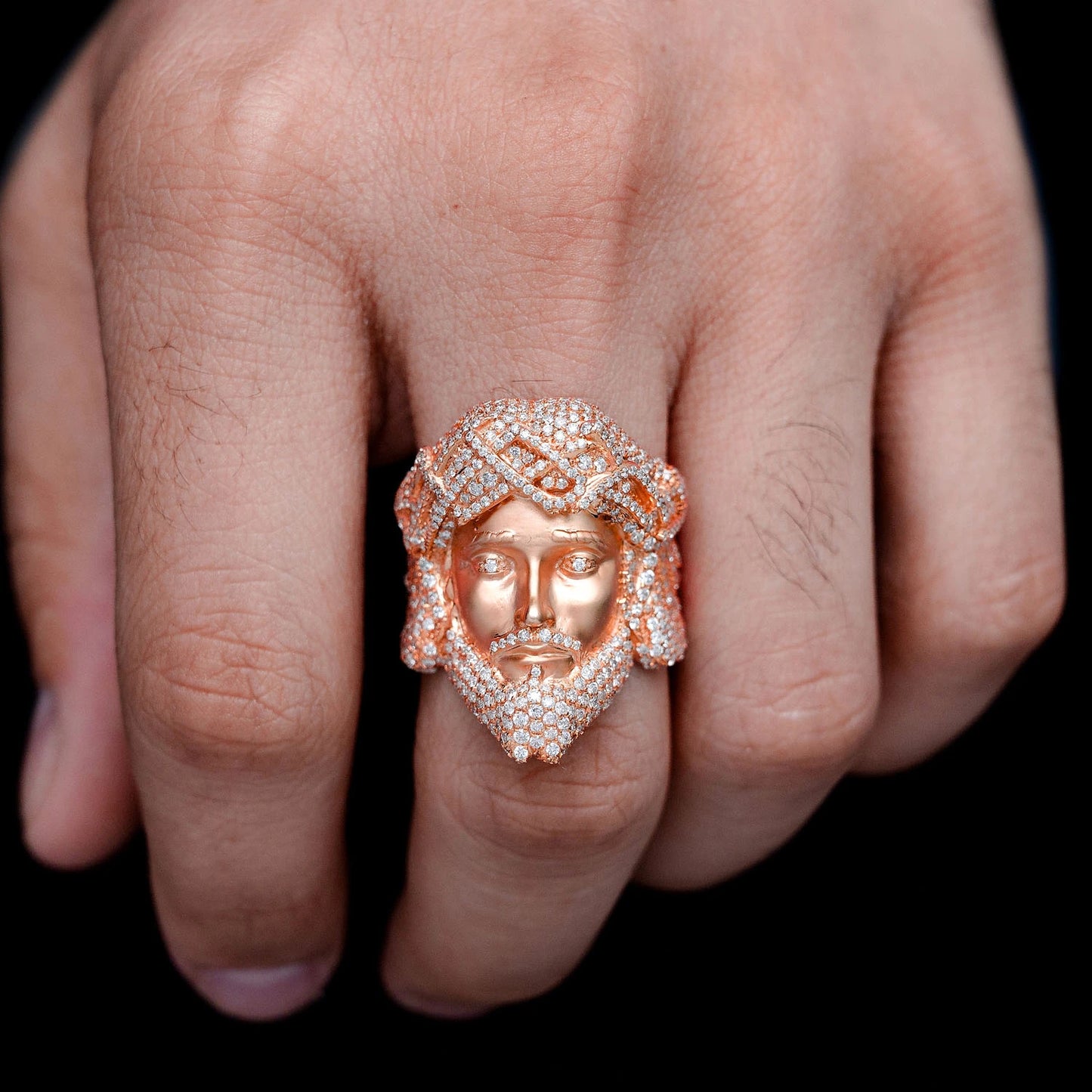 Jesus Face Diamond Signet Ring in 14K rose gold, alternate view