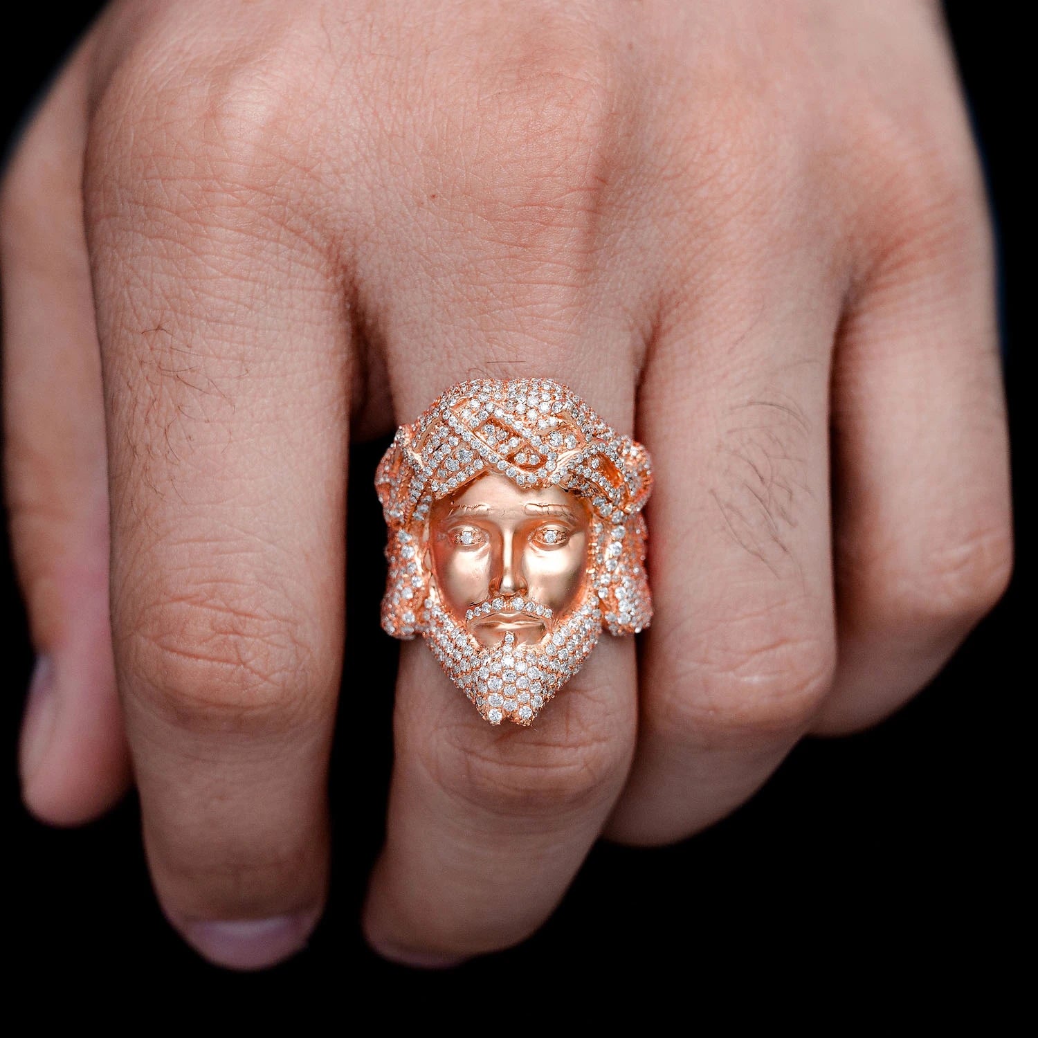 Jesus Face Diamond Signet Ring in 14K rose gold, alternate view