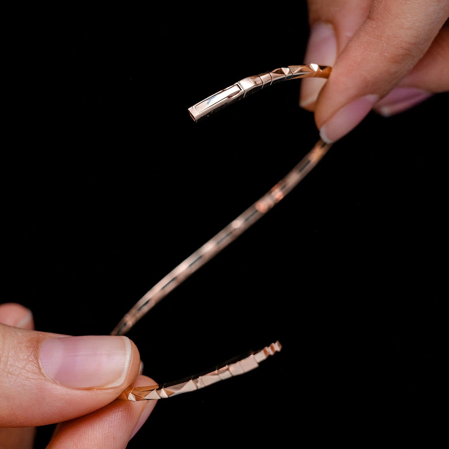 Pointed Rectangle Diamond Flex Bangle Bracelet in 14K rose gold, alternate view