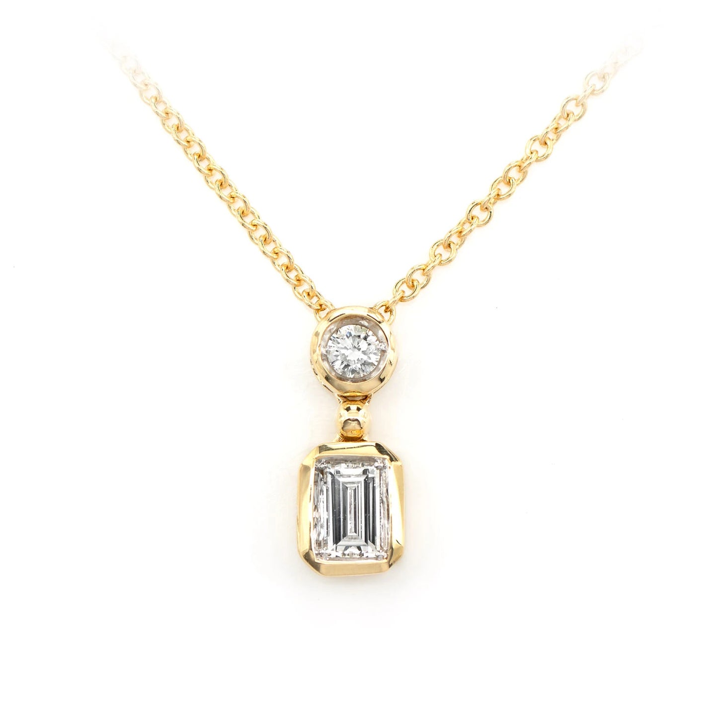 Emerald Cut Diamond Bezel Drop Necklace in 14K yellow gold, front view