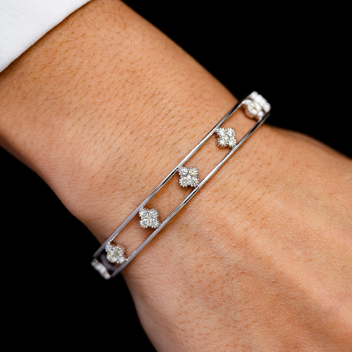 Open Milgrain Diamond Clover Bangle Bracelet