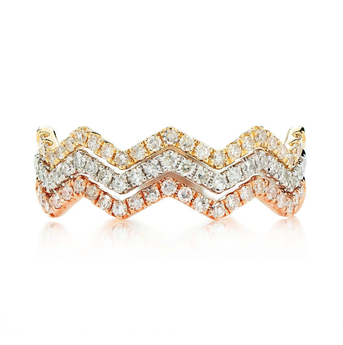 Tri-Tone Wavy Zig Zag Diamond Band in tri tone 14k gold, front view