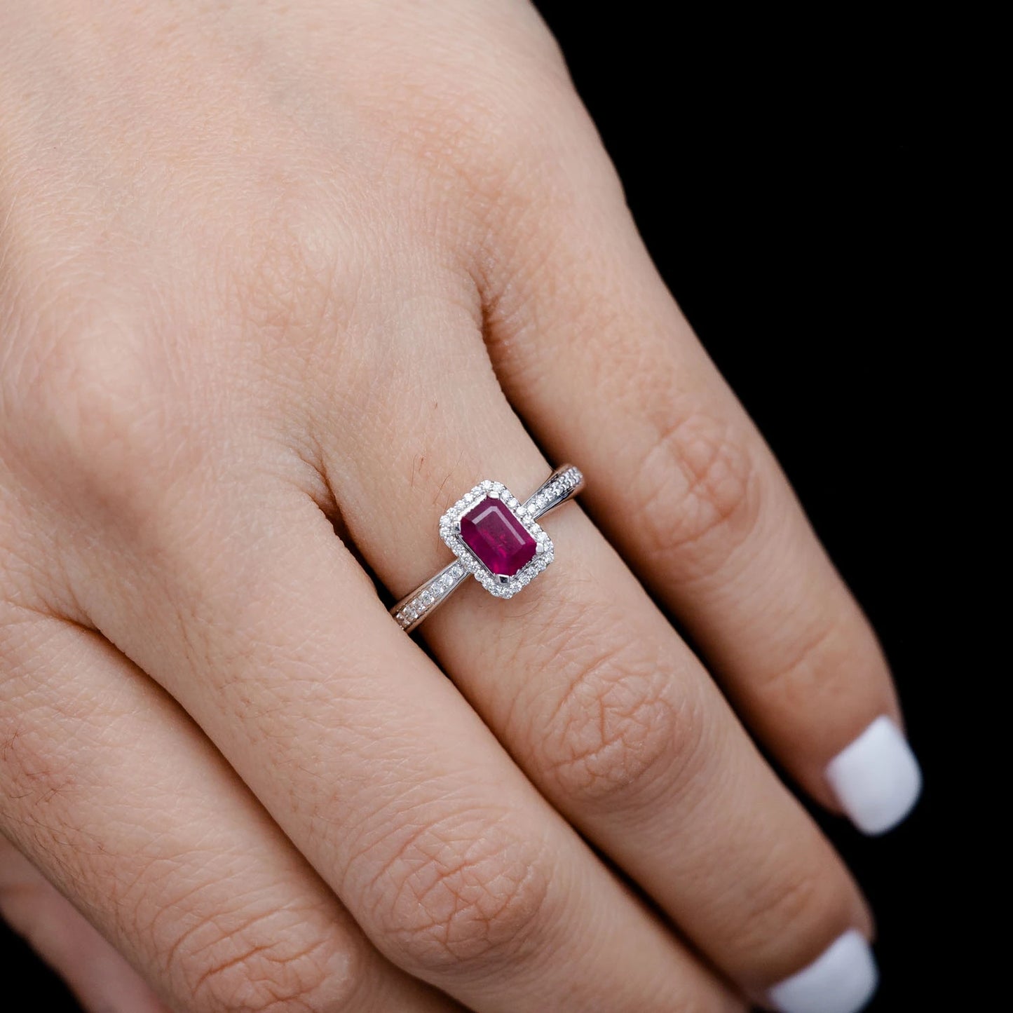 Emerald Cut Ruby Gemstone and Diamond Halo Ring
