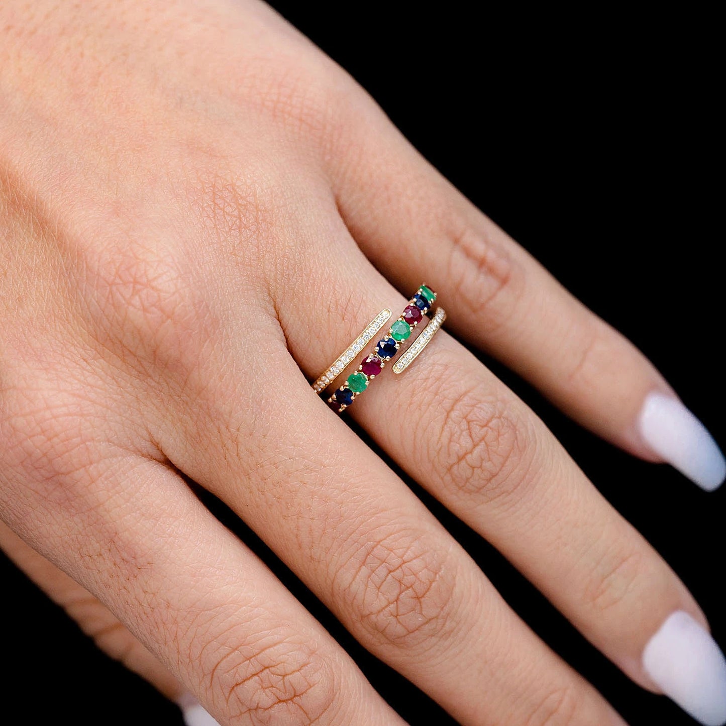 Tri Colored Gem and Diamond Semi Wrap Ring