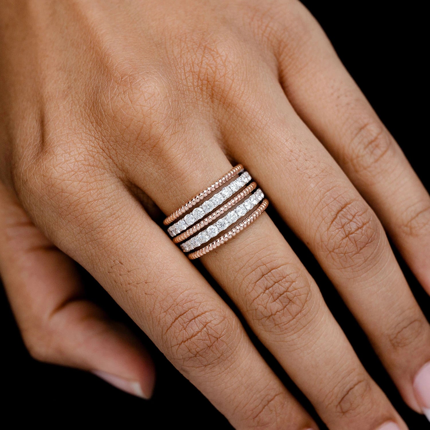 Two Row Satin Diamond Rope Band in two tone rose 14k gold, alternate view