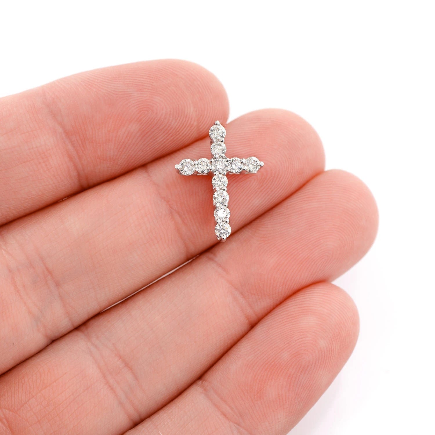 11 Stone Hidden Bail Cross in 14K white gold, Medium | 0.75ctw, angled view