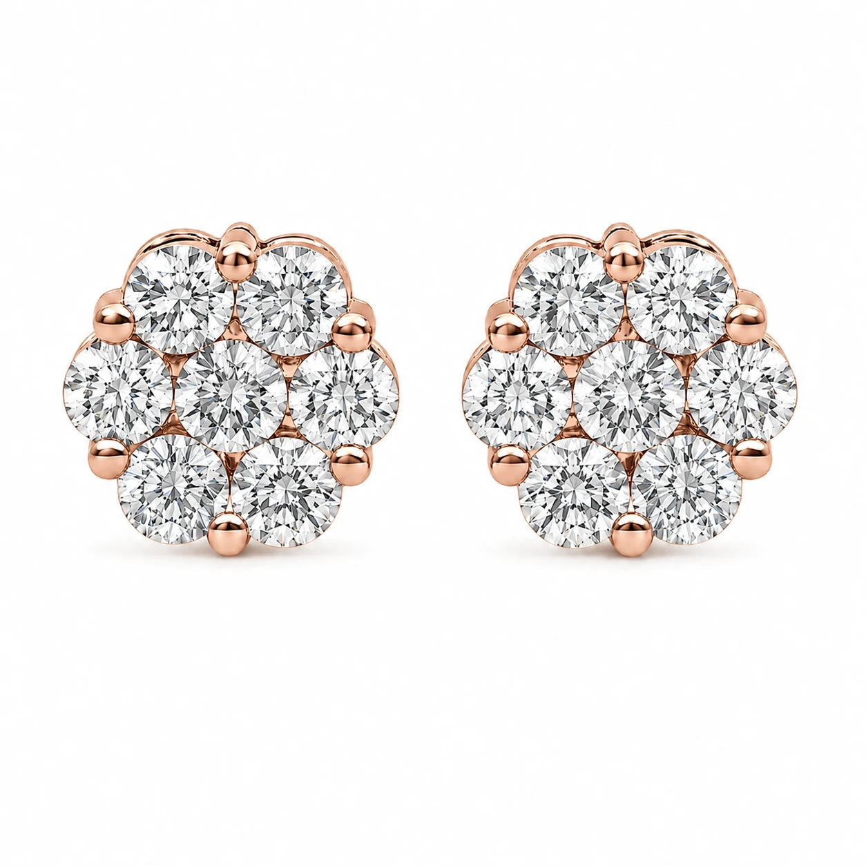 Flower Diamond Studs in 14K rose gold, 4.00ctw, front view