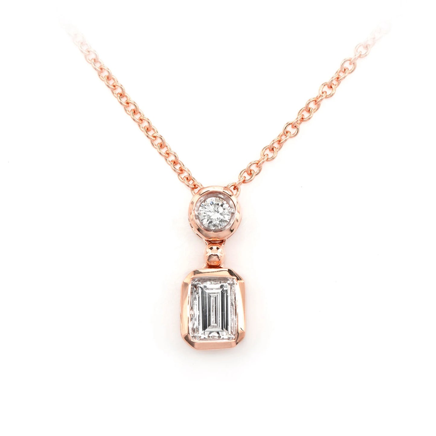 Emerald Cut Diamond Bezel Drop Necklace in 14K rose gold, front view