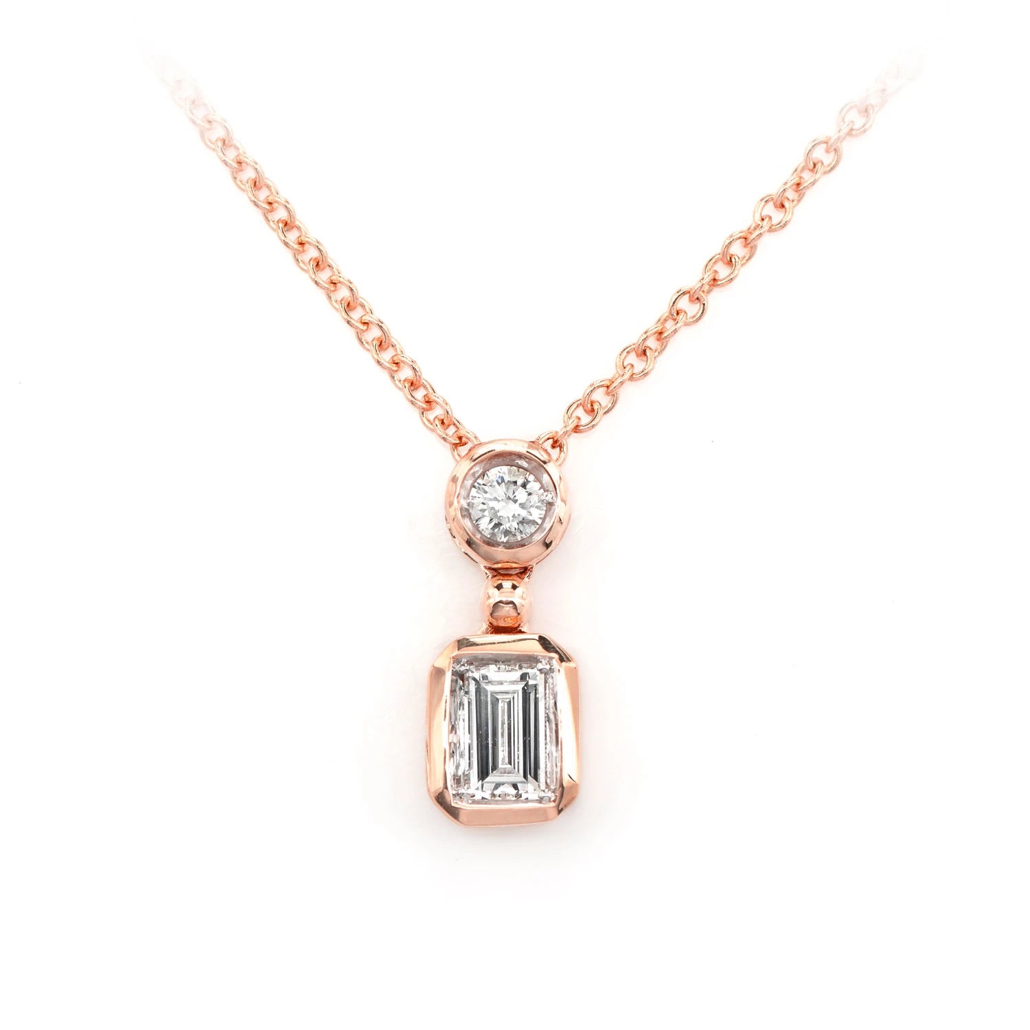 Emerald Cut Diamond Bezel Drop Necklace in 14K rose gold, front view