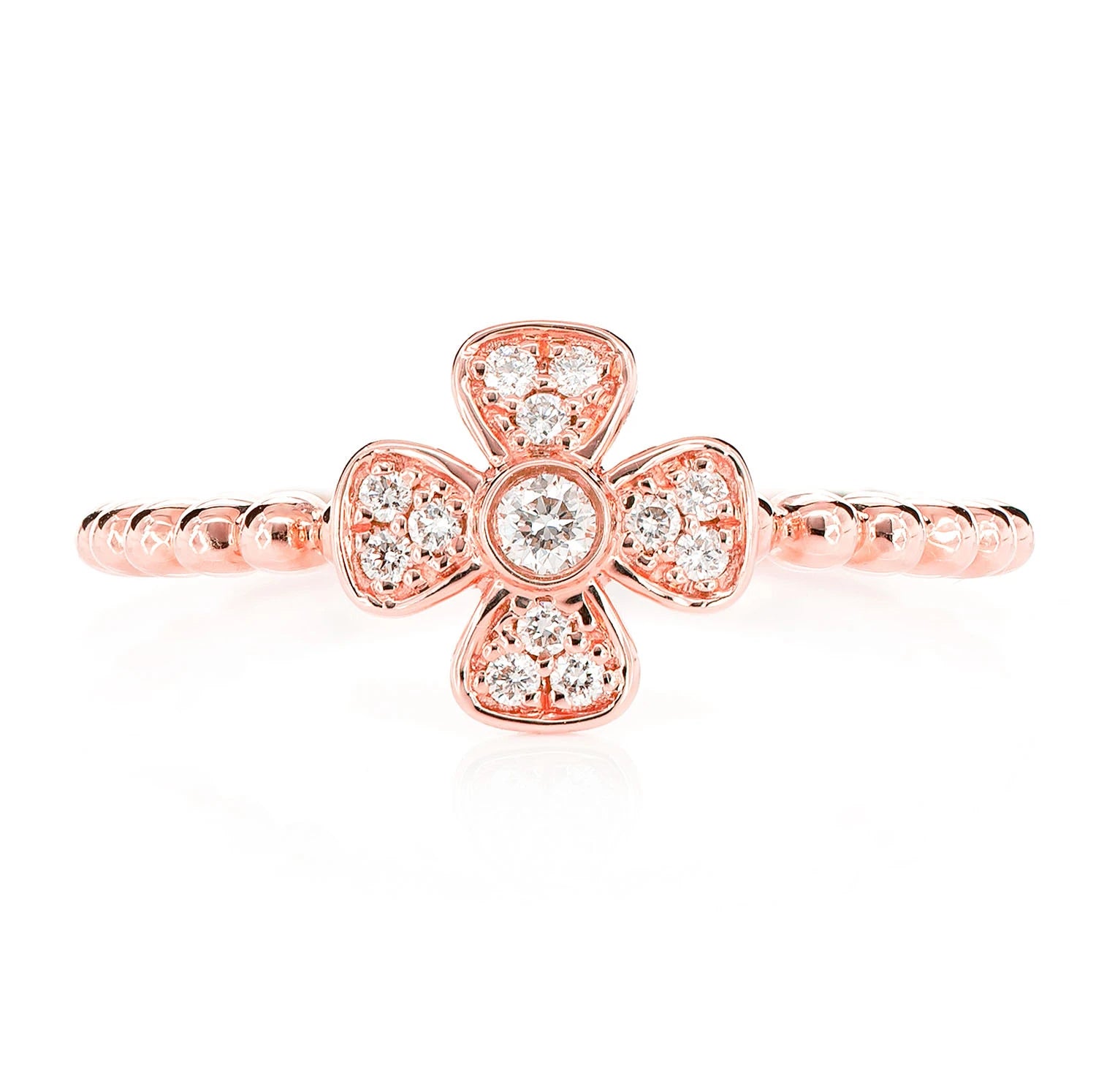 Beaded Bezel Flower Diamond Ring in 14K rose gold, front view