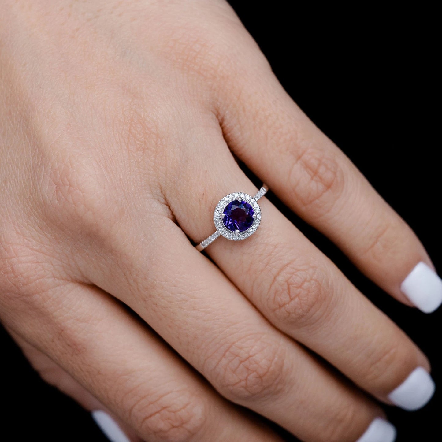 Purple Amethyst and Diamond Halo Ring
