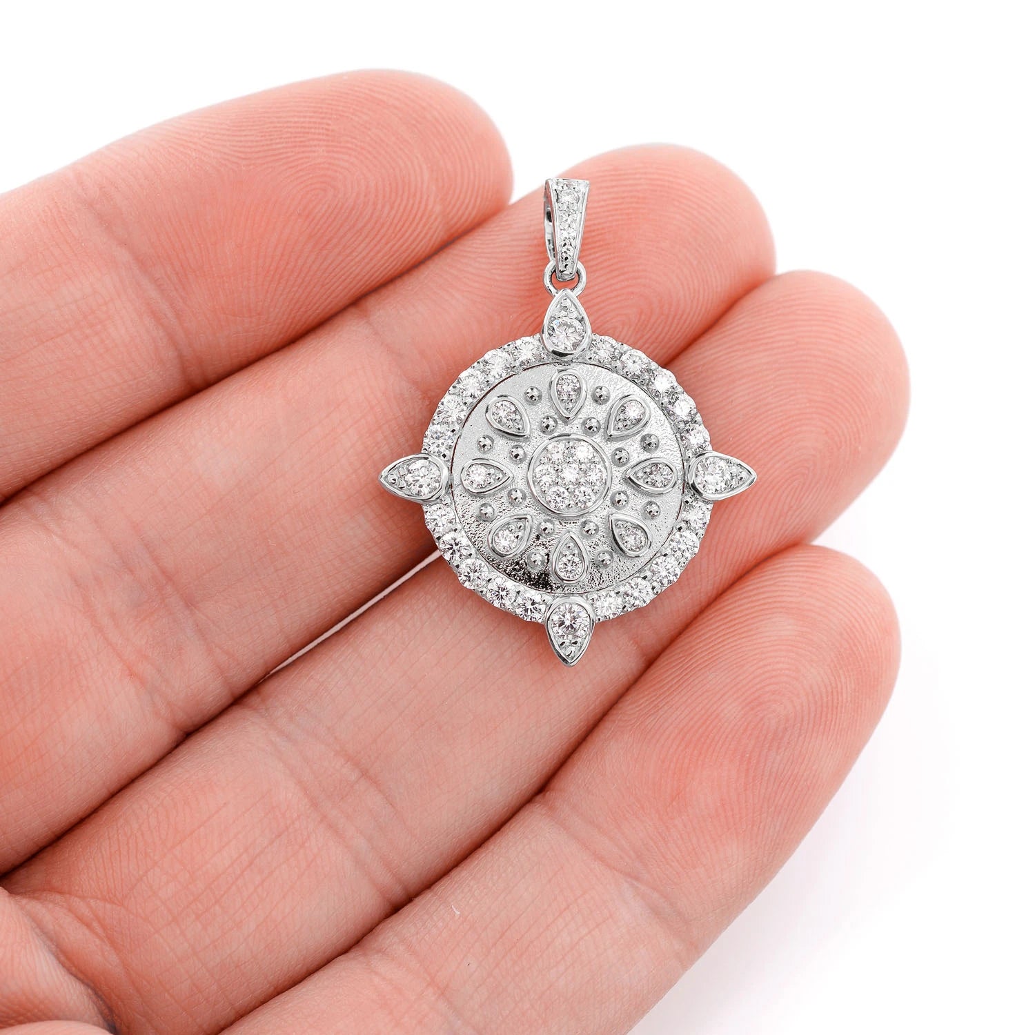 Ornate Cluster Medallion Pendant in 14K white gold, angled view
