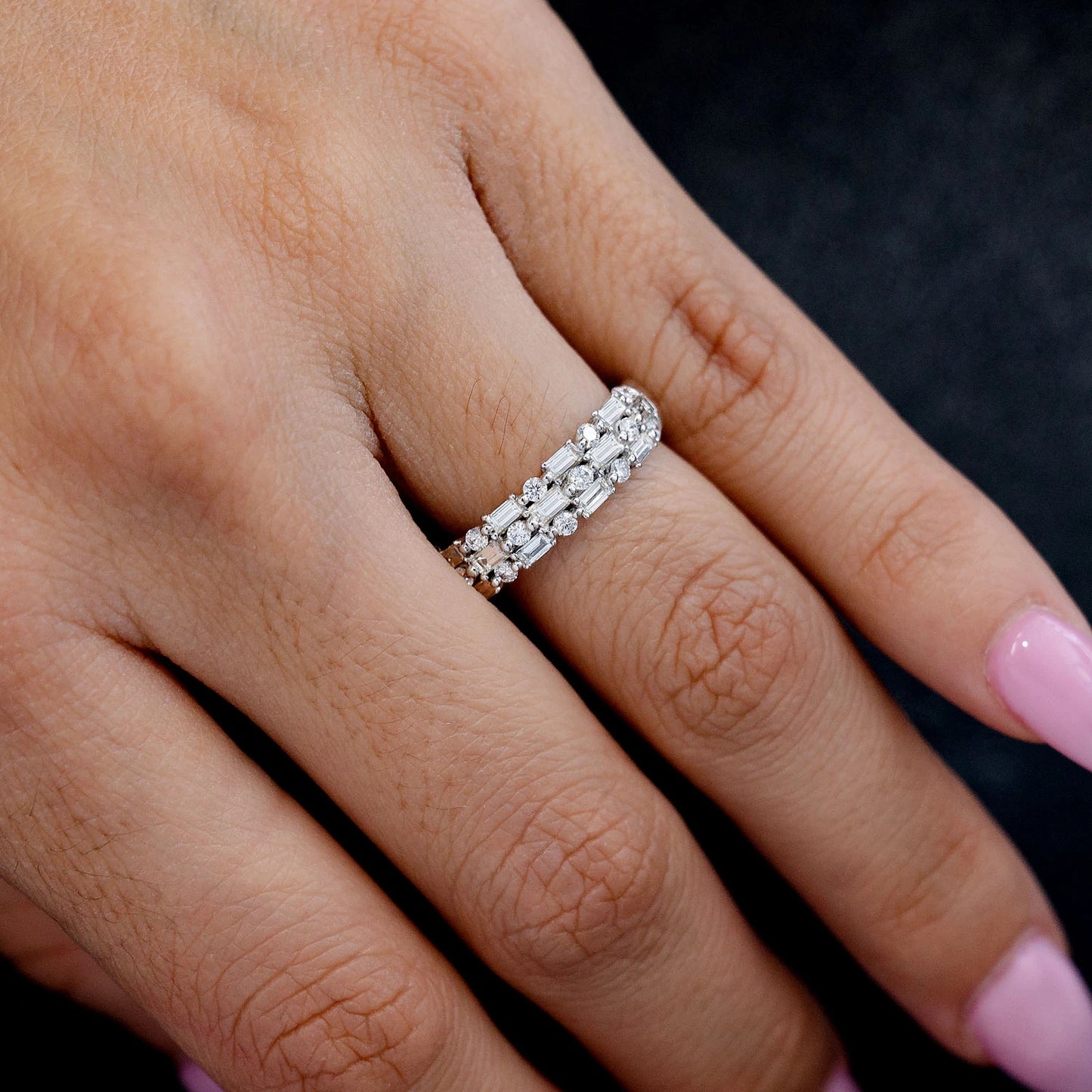Three Row Alternating Round and Baguette Diamond Ring
