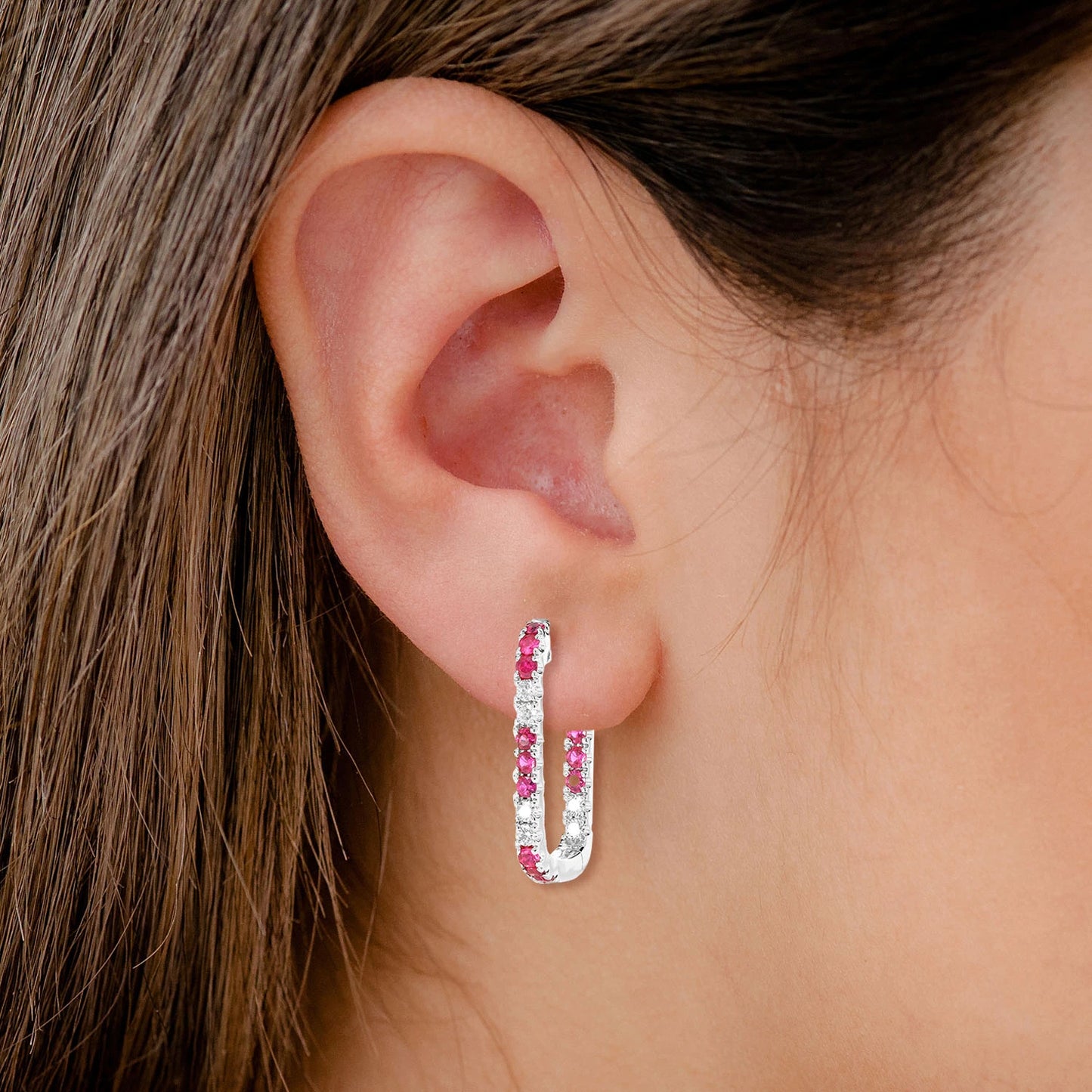 Ruby and Diamond Rectangle Huggie Hoop Earrings