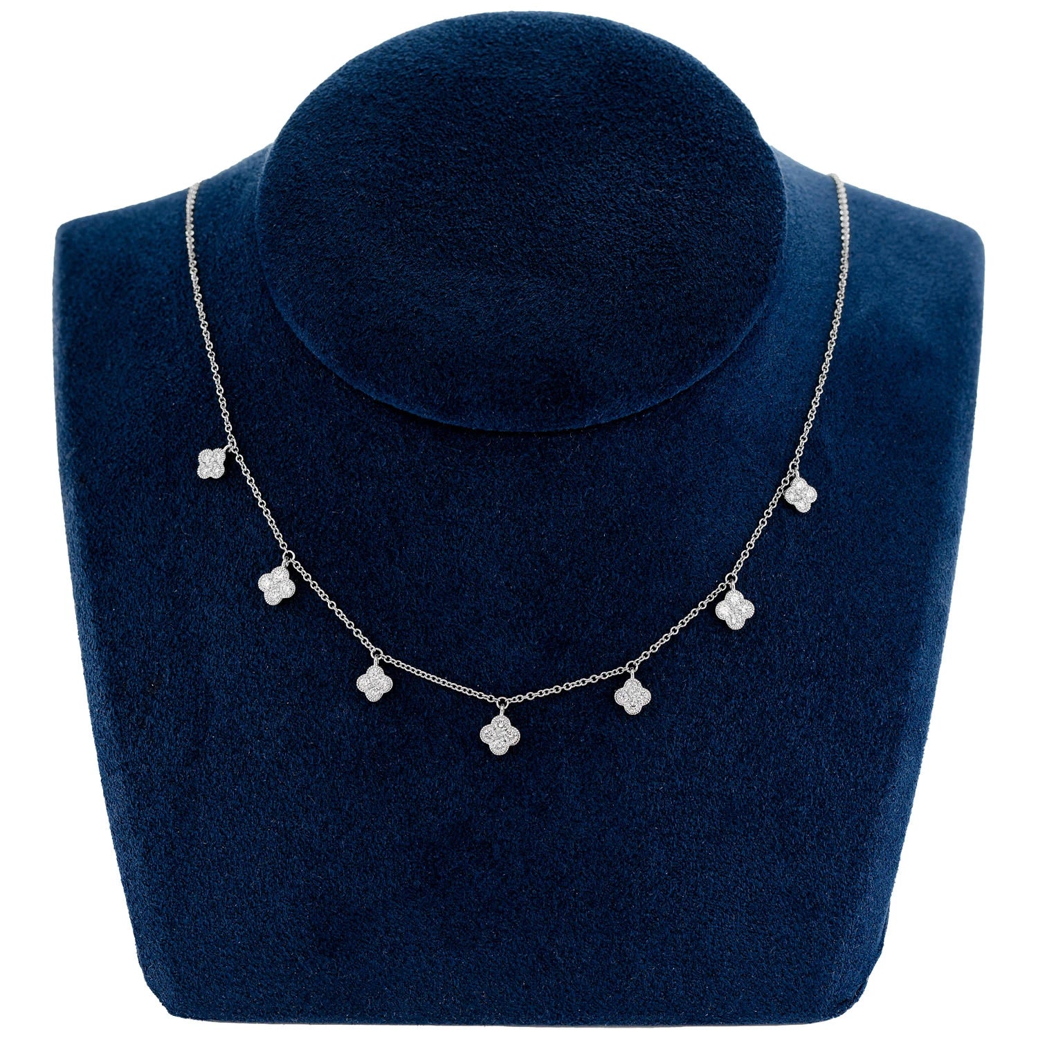Milgrain Clover Diamond Dangle Necklace in 14K white gold, 0.45ctw, angled view