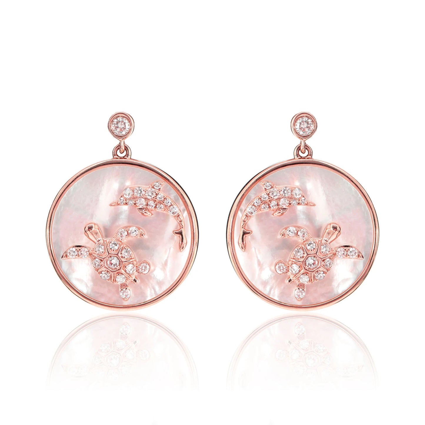 Mother of Pearl and Diamond Sea Turtle Dolphin Earrings